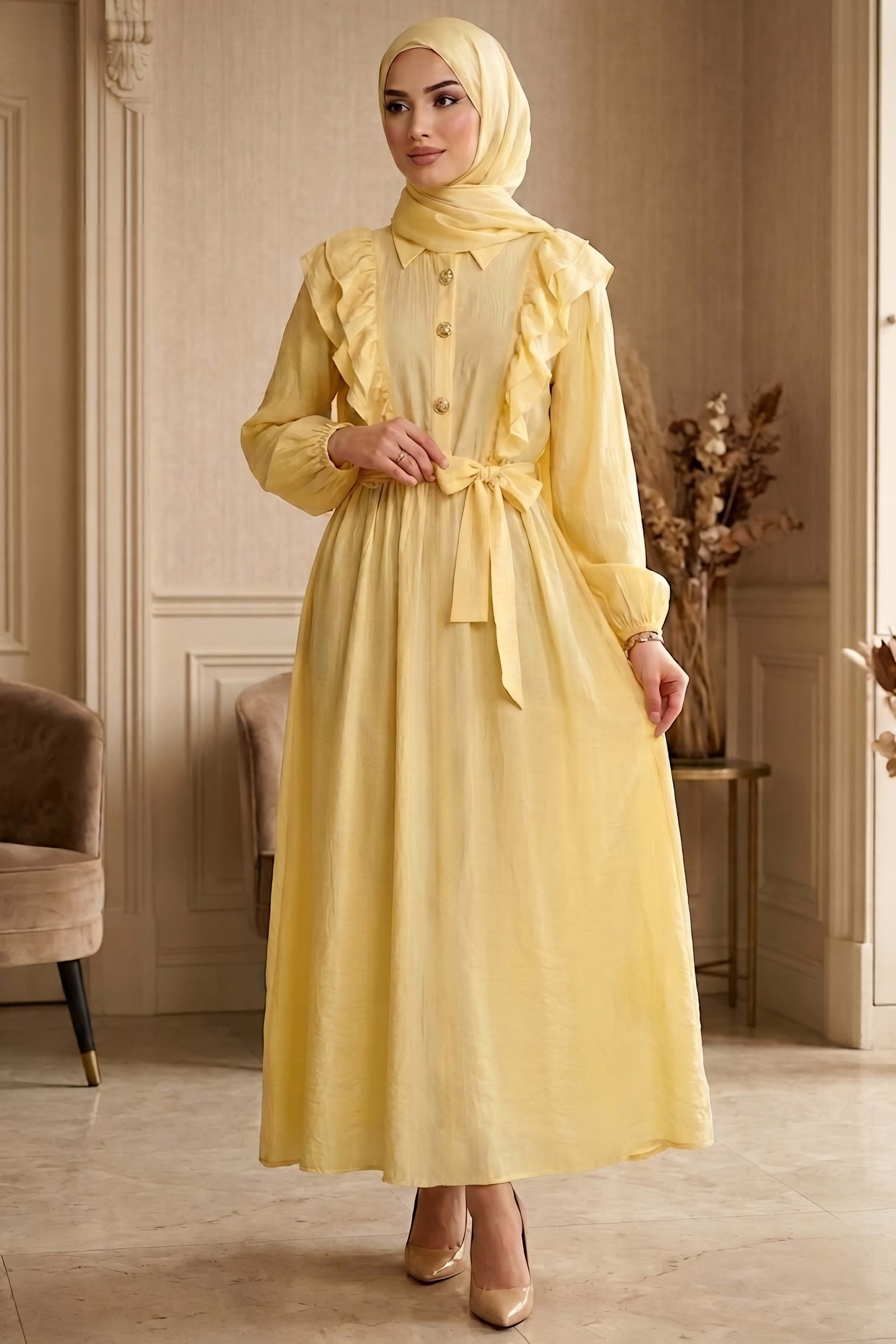 Fırfır Detaylı Dokuma Elbise Sari - 28481-SARI - 1