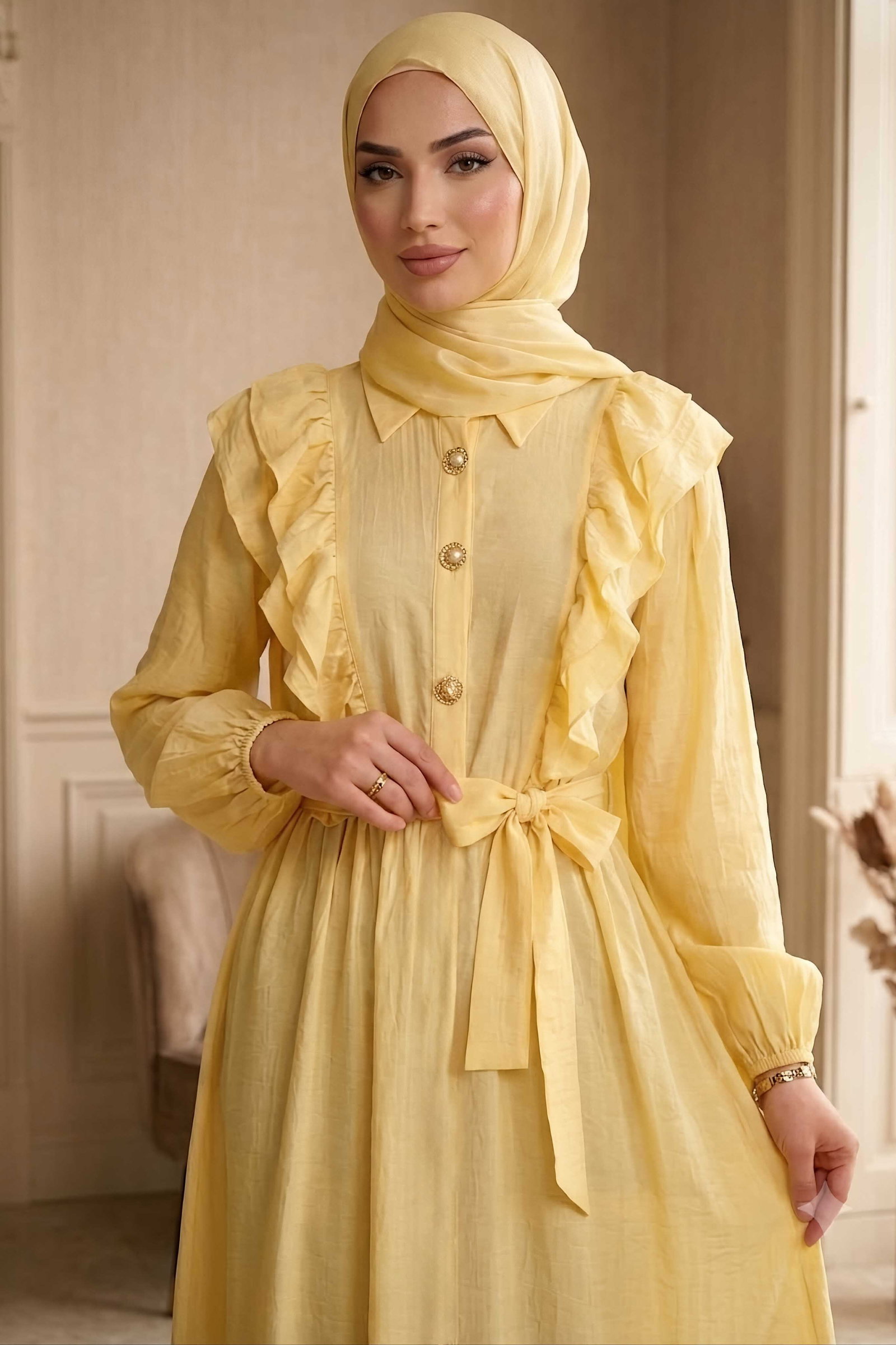 Fırfır Detaylı Dokuma Elbise Sari - 28481-SARI - 2