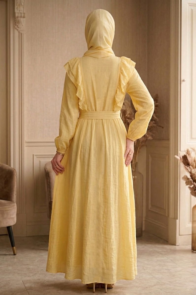 Fırfır Detaylı Dokuma Elbise Sari - 28481-SARI - 3