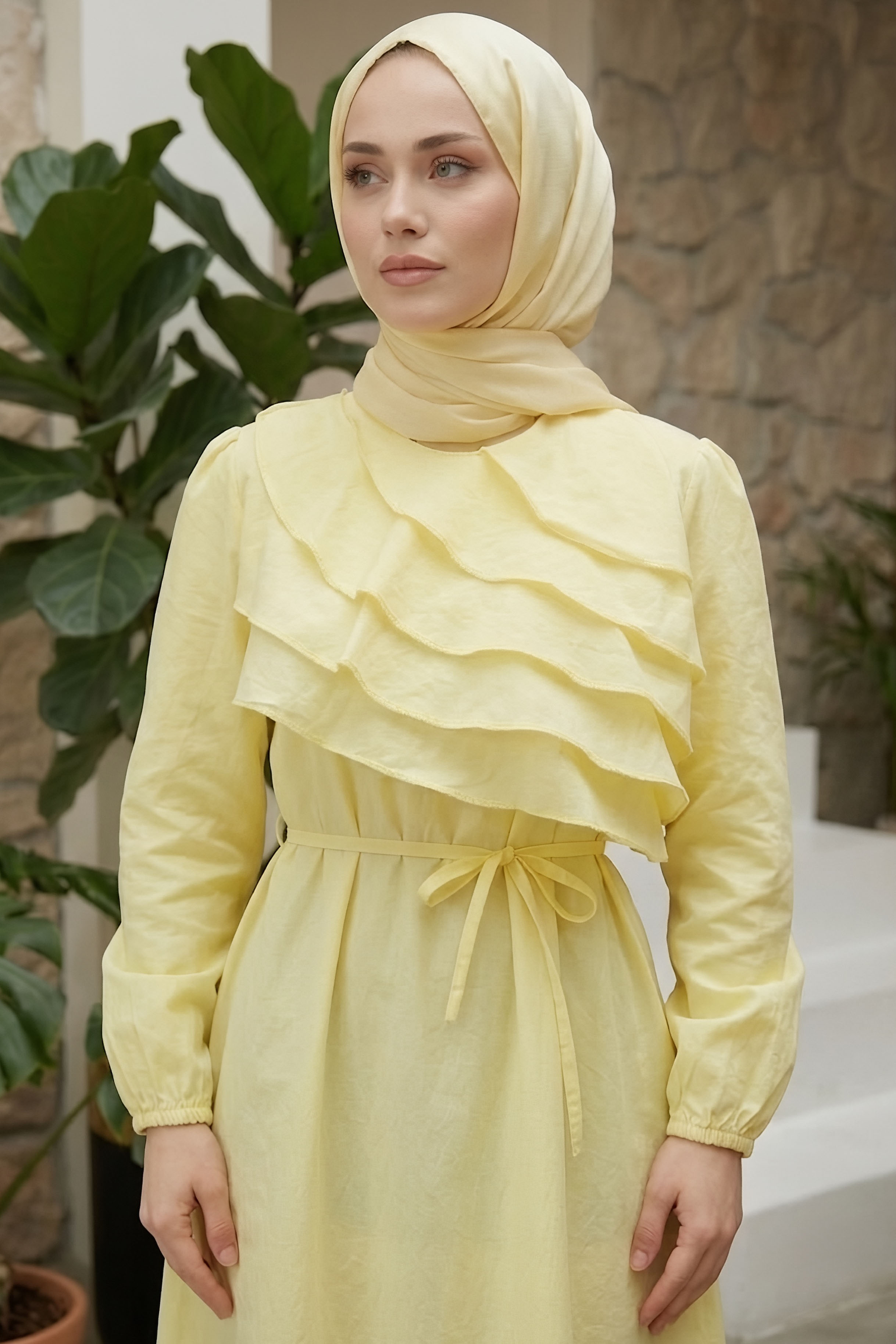 Fırfır Detaylı Dokuma Elbise Sari - 28534-SARI - 1