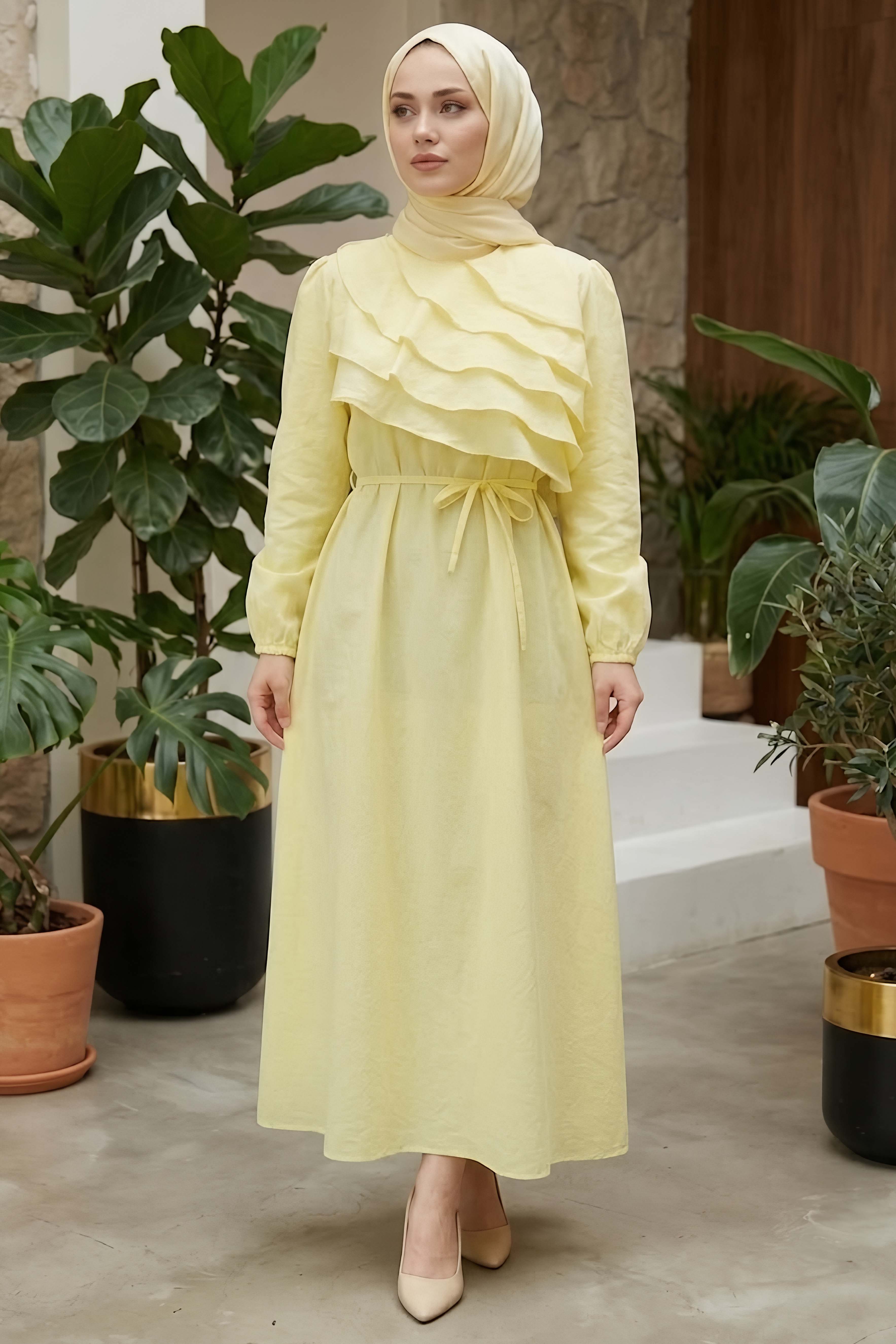 Fırfır Detaylı Dokuma Elbise Sari - 28534-SARI - 2