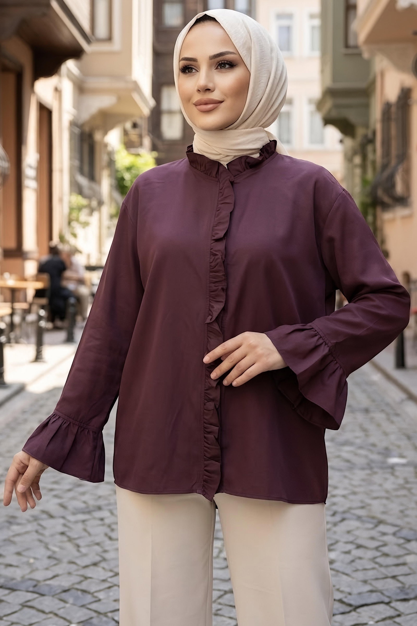 Fırfır Detaylı Gömlek Bordo - 28999-BORDO - 1