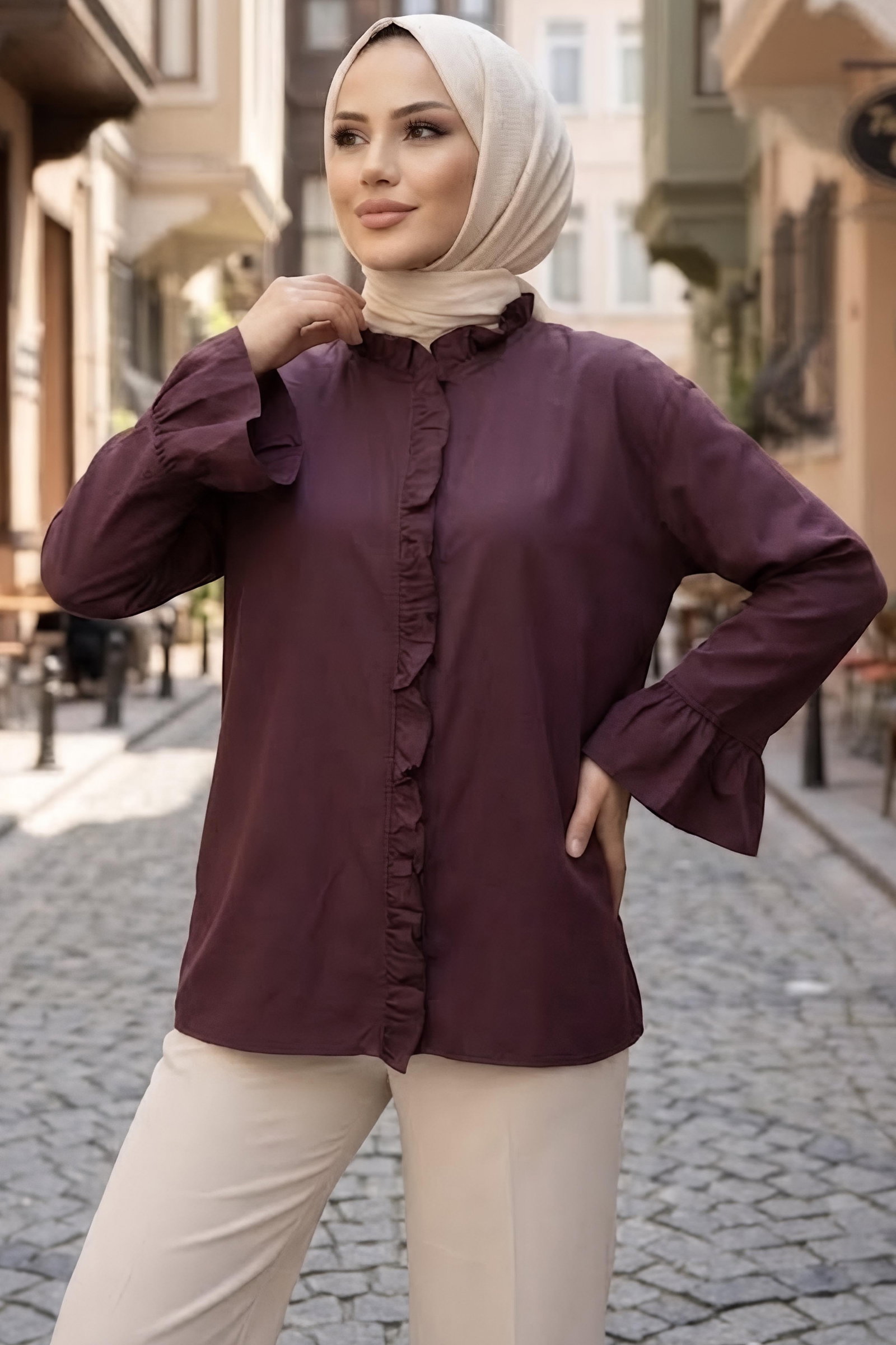 Fırfır Detaylı Gömlek Bordo - 28999-BORDO - 3