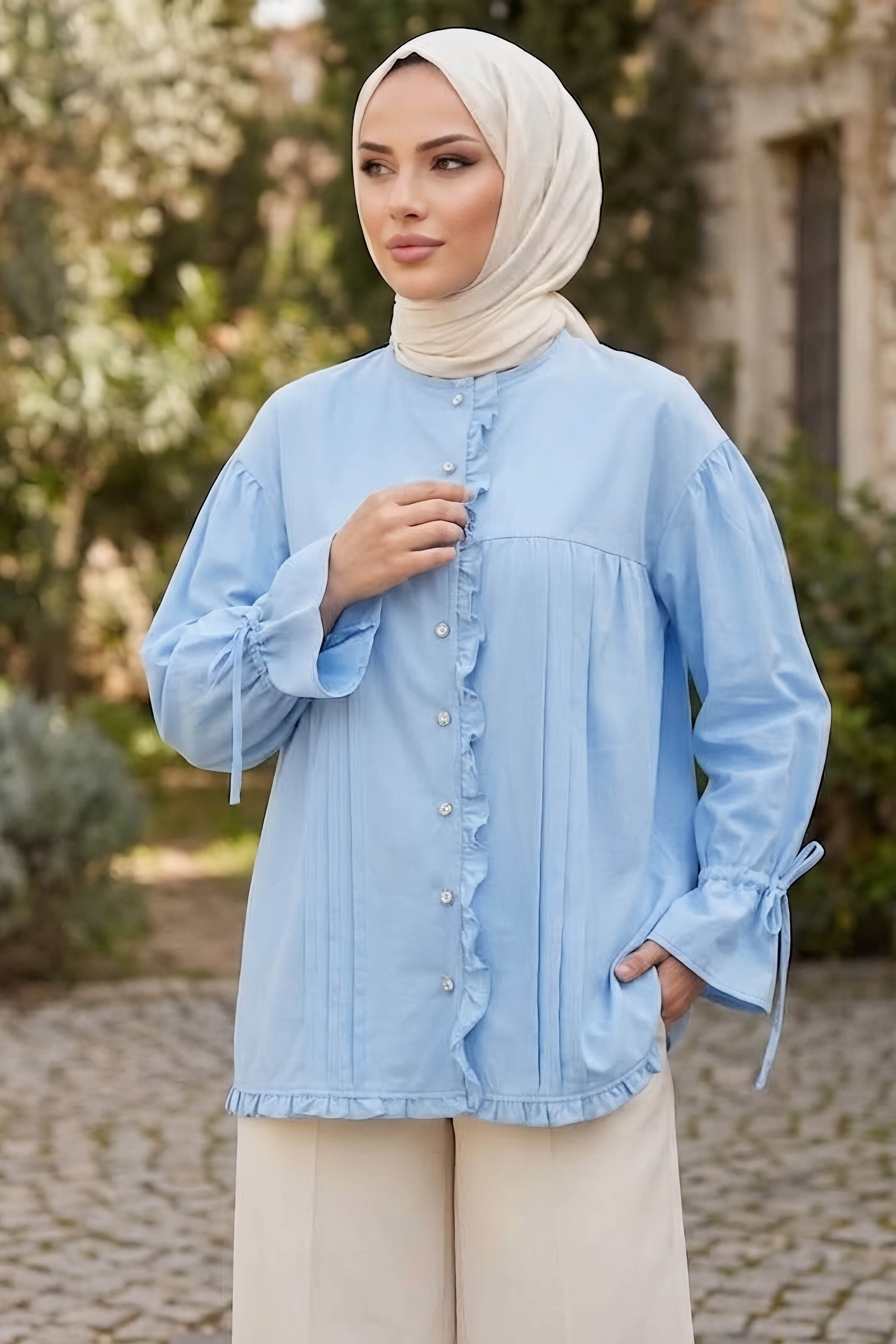 Fırfır Ve Pile Detaylı Gömlek Bebe Mavi - 28935-BEBE-MAVI - 2