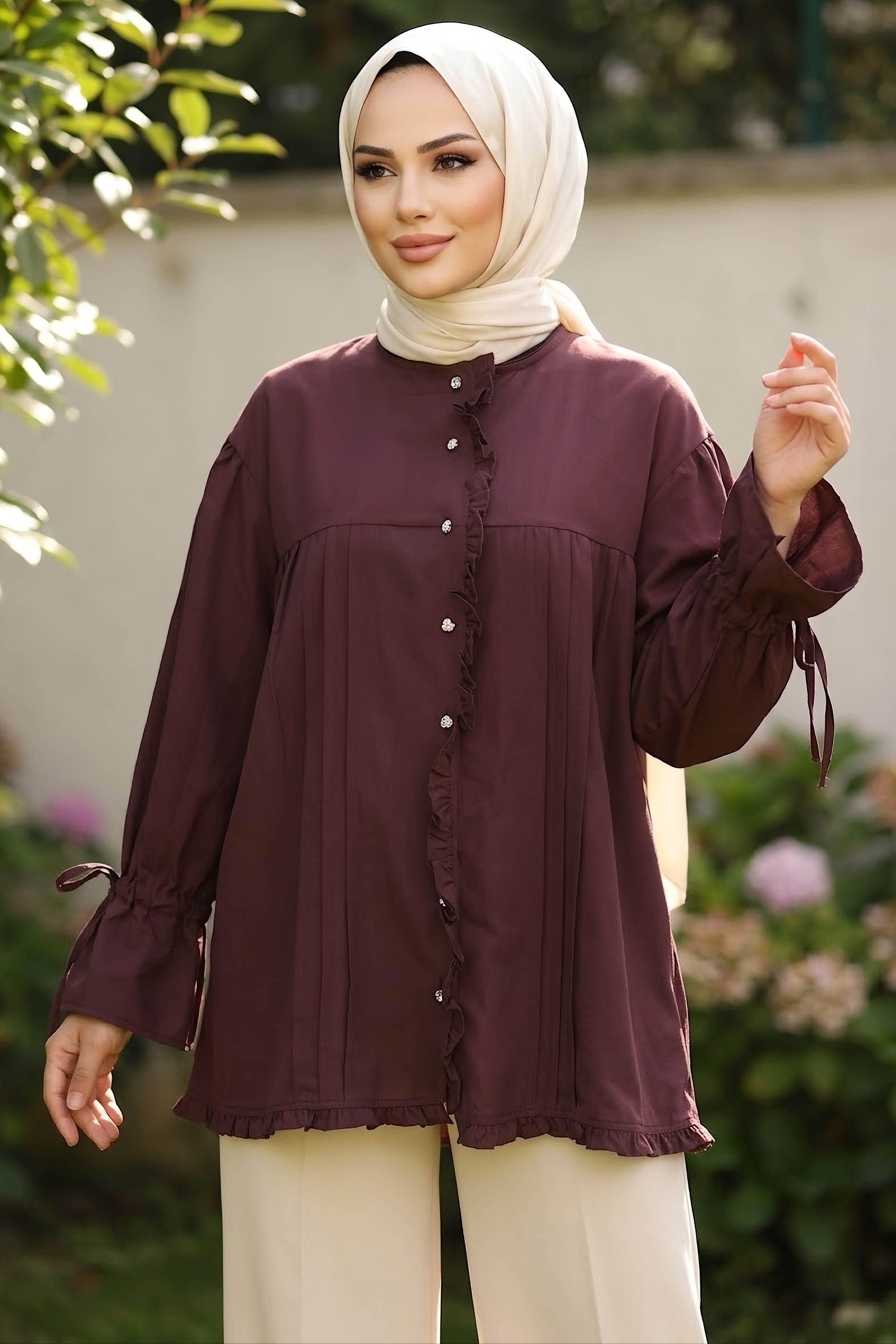 Fırfır Ve Pile Detaylı Gömlek Bordo - 28935-BORDO - 1