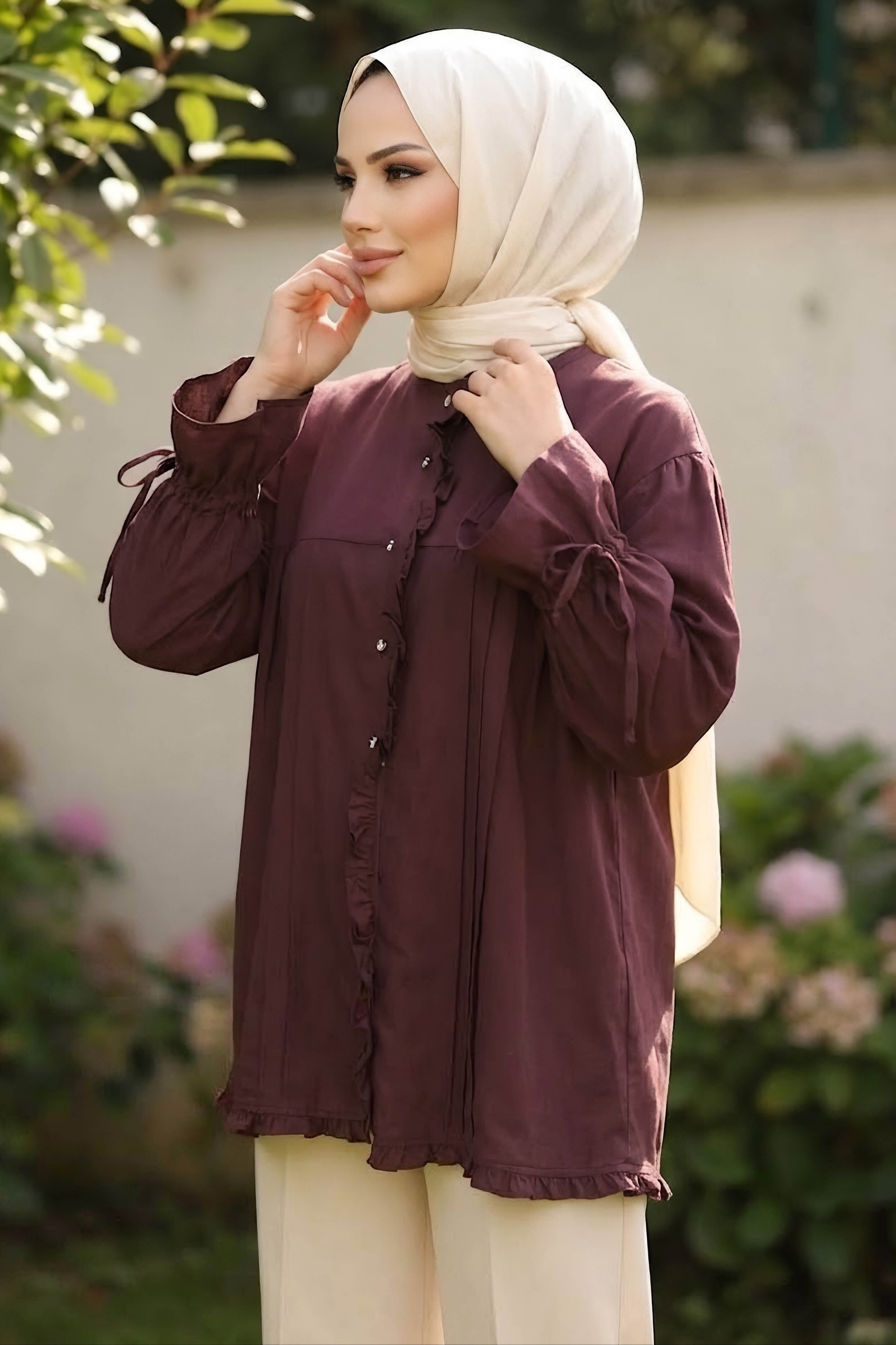 Fırfır Ve Pile Detaylı Gömlek Bordo - 28935-BORDO - 2