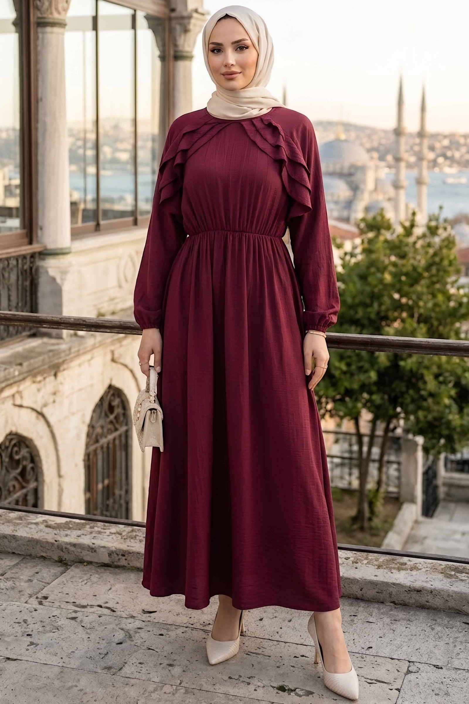 Fırfırlı Çilek Elbise Bordo - 28985-BORDO - 1