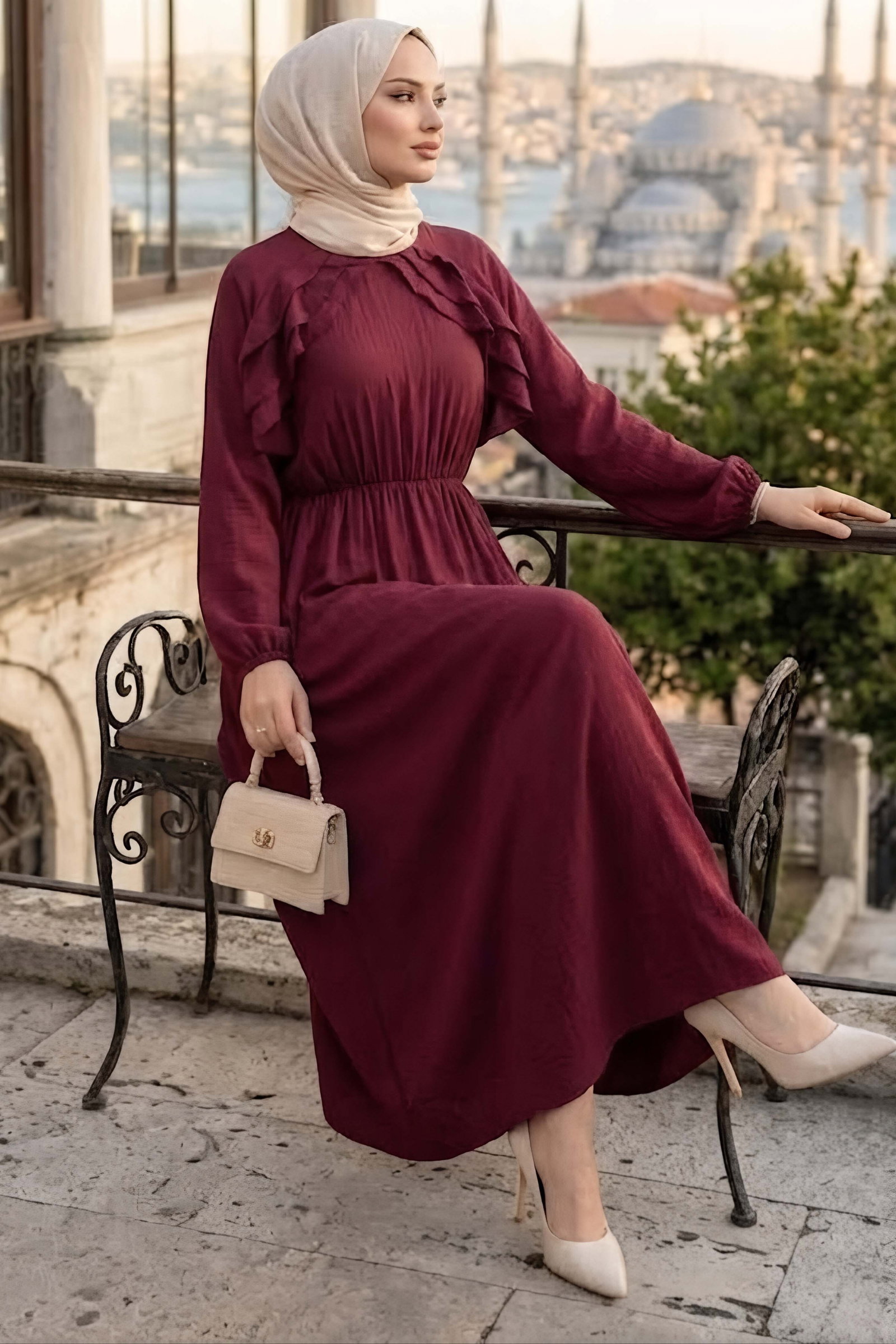 Fırfırlı Çilek Elbise Bordo - 28985-BORDO - 2