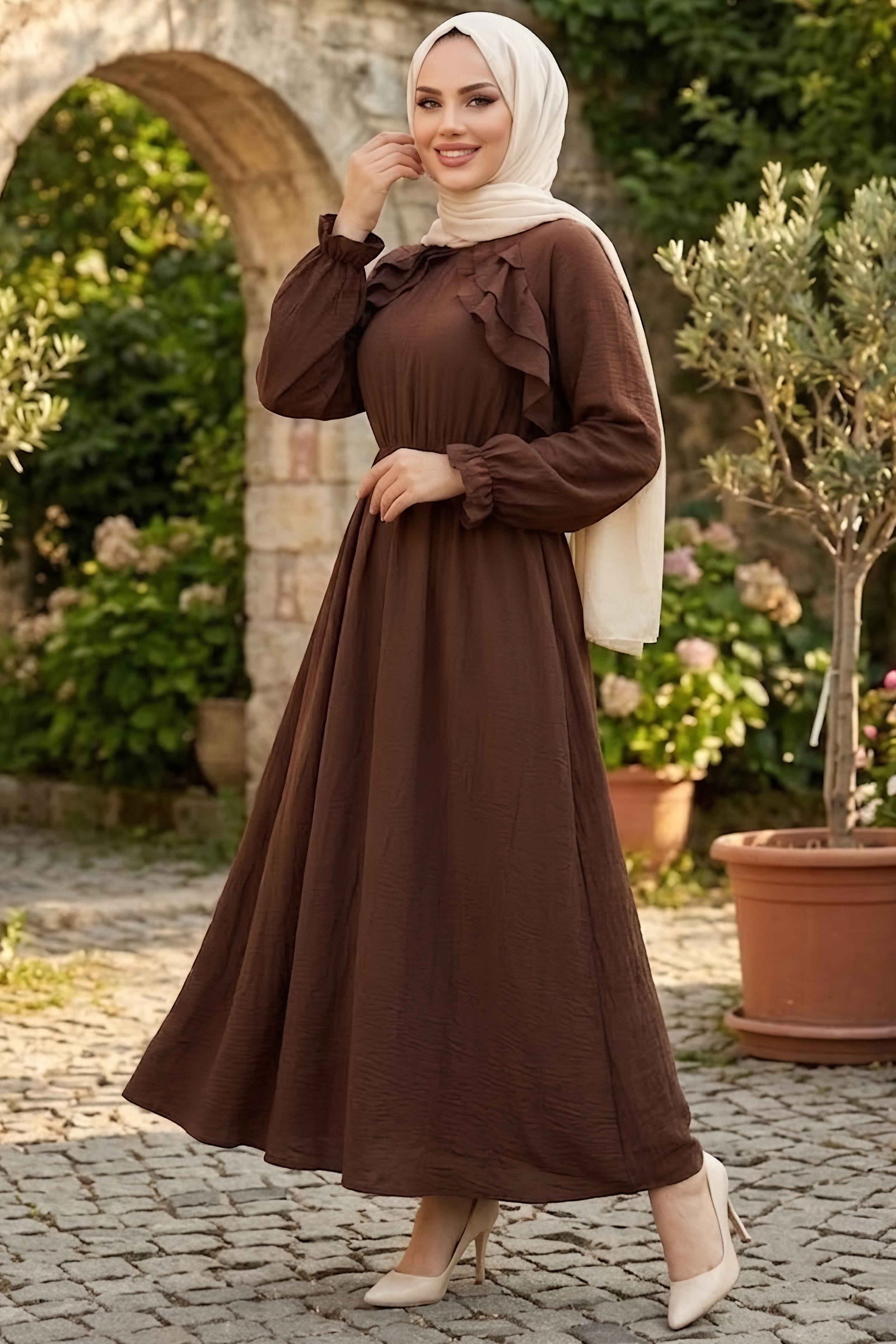 Fırfırlı Çilek Elbise Kahve - 28985-KAHVE - 1