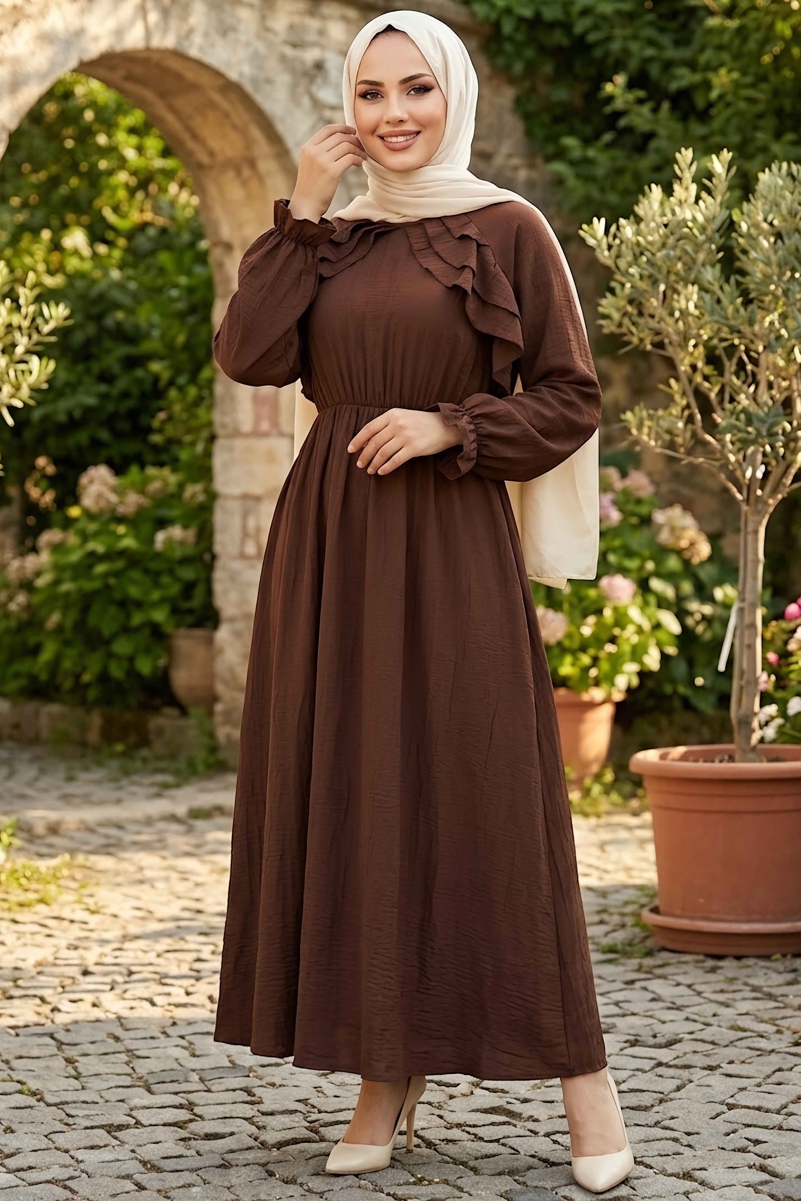 Fırfırlı Çilek Elbise Kahve - 28985-KAHVE - 2