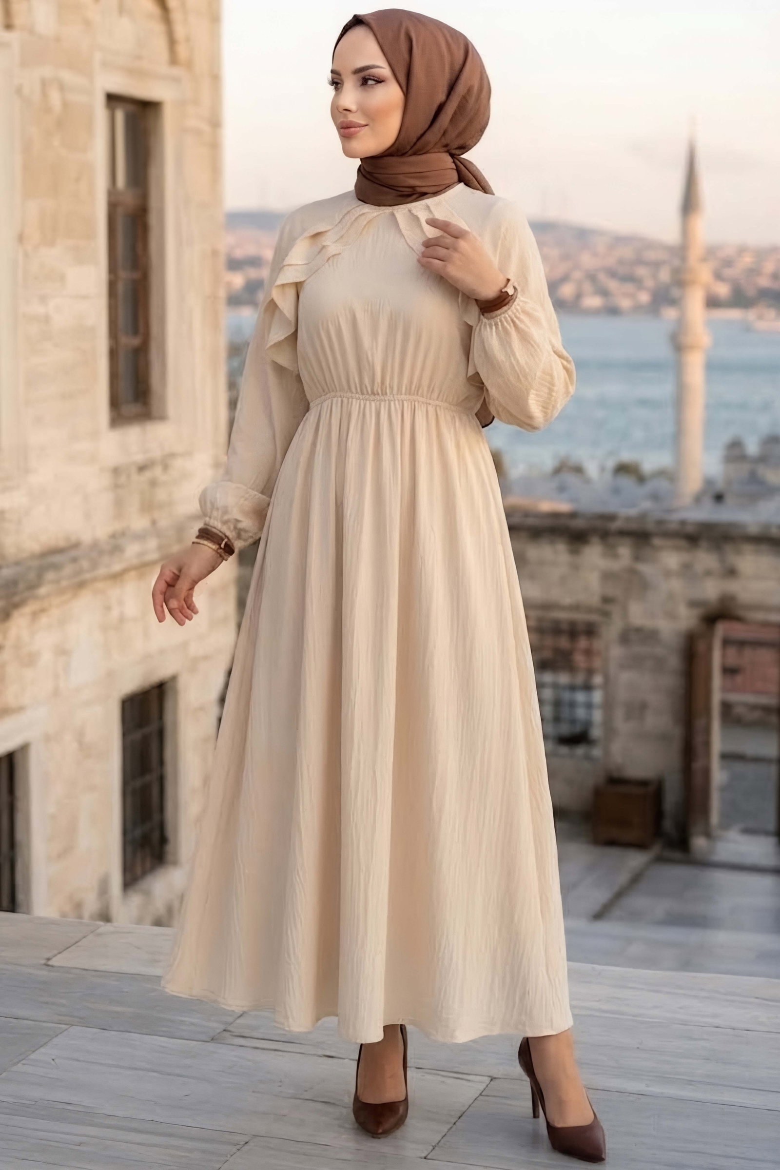 Fırfırlı Çilek Elbise Krem - 28985-KREM - 1