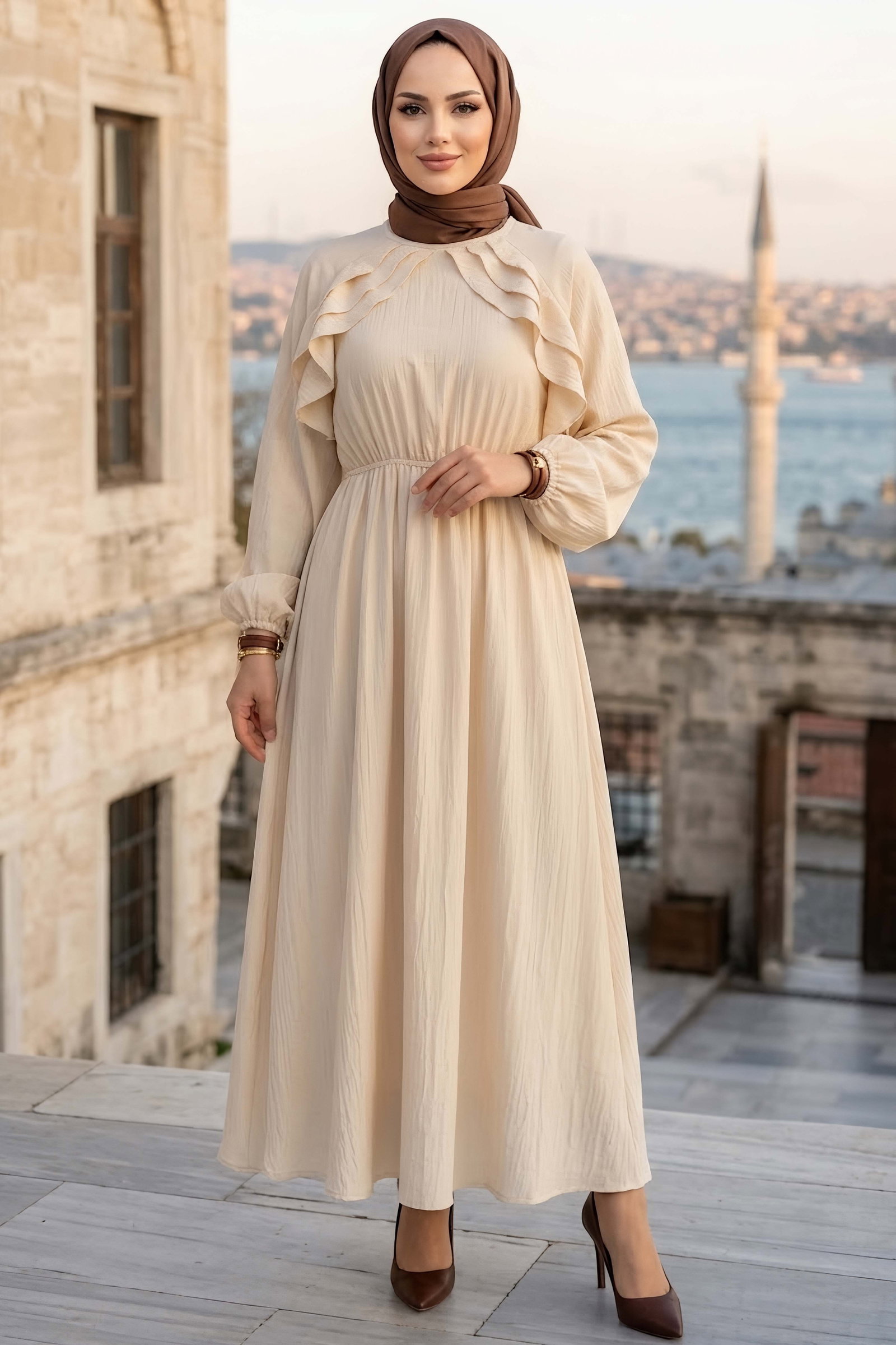 Fırfırlı Çilek Elbise Krem - 28985-KREM - 2