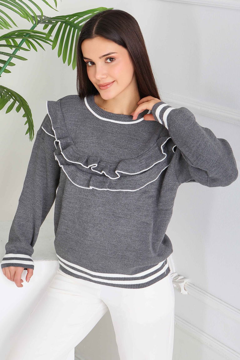 Fırfırlı Çizgili Triko Kazak - 28006-ANTRASIT - TOFİSA