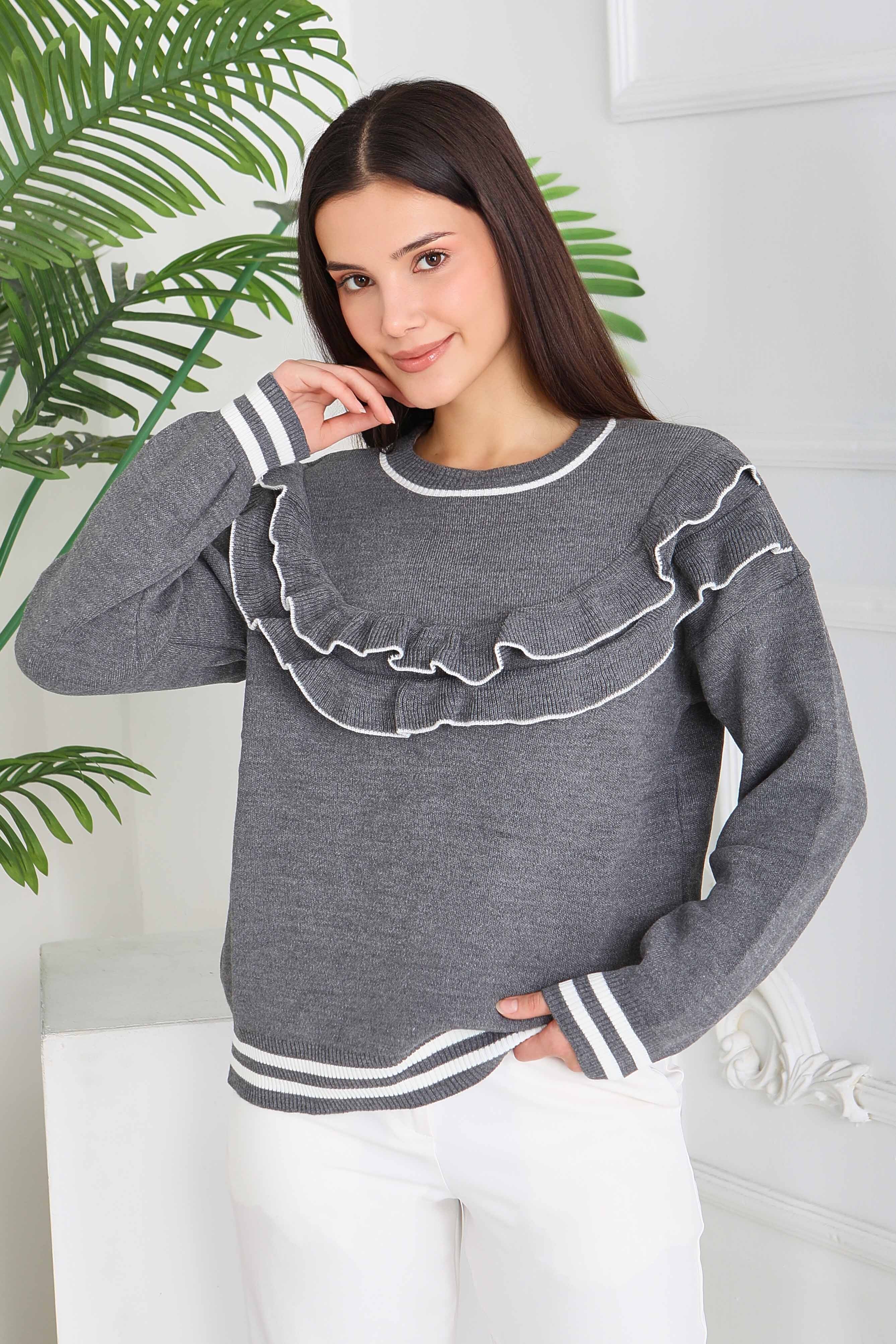 Fırfırlı Çizgili Triko Kazak - 28006-ANTRASIT - 1