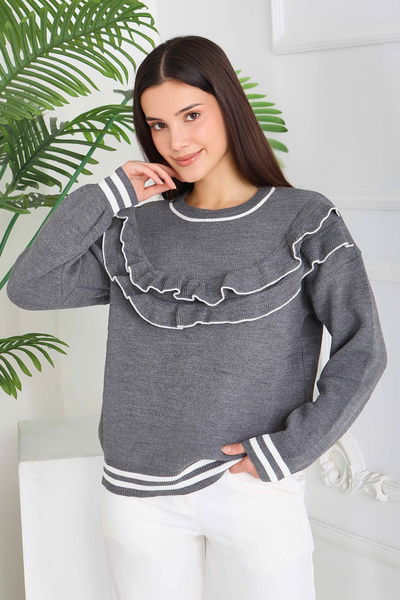Fırfırlı Çizgili Triko Kazak - 28006-ANTRASIT 