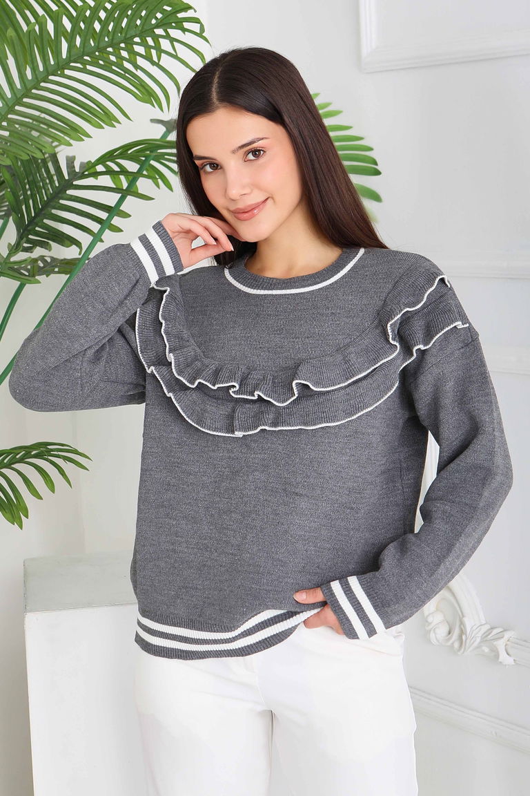 Fırfırlı Çizgili Triko Kazak - 28006-ANTRASIT - TOFİSA