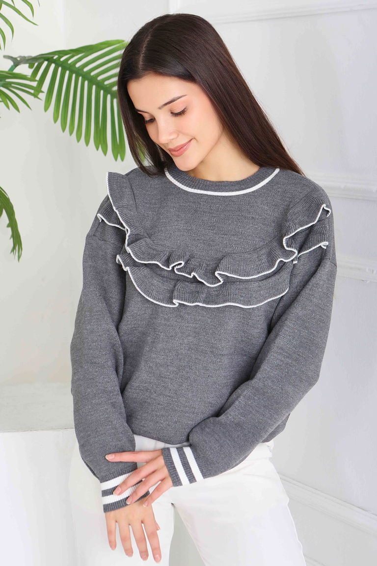 Fırfırlı Çizgili Triko Kazak - 28006-ANTRASIT - TOFİSA