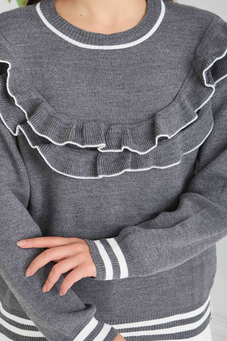 Fırfırlı Çizgili Triko Kazak - 28006-ANTRASIT - TOFİSA