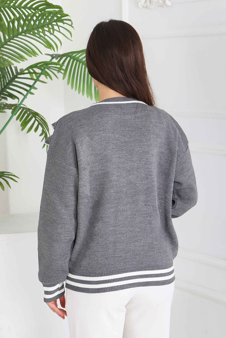 Fırfırlı Çizgili Triko Kazak - 28006-ANTRASIT - TOFİSA