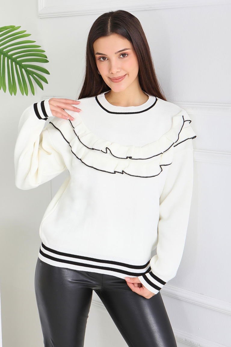 Fırfırlı Çizgili Triko Kazak - 28006-BEYAZ - TOFİSA