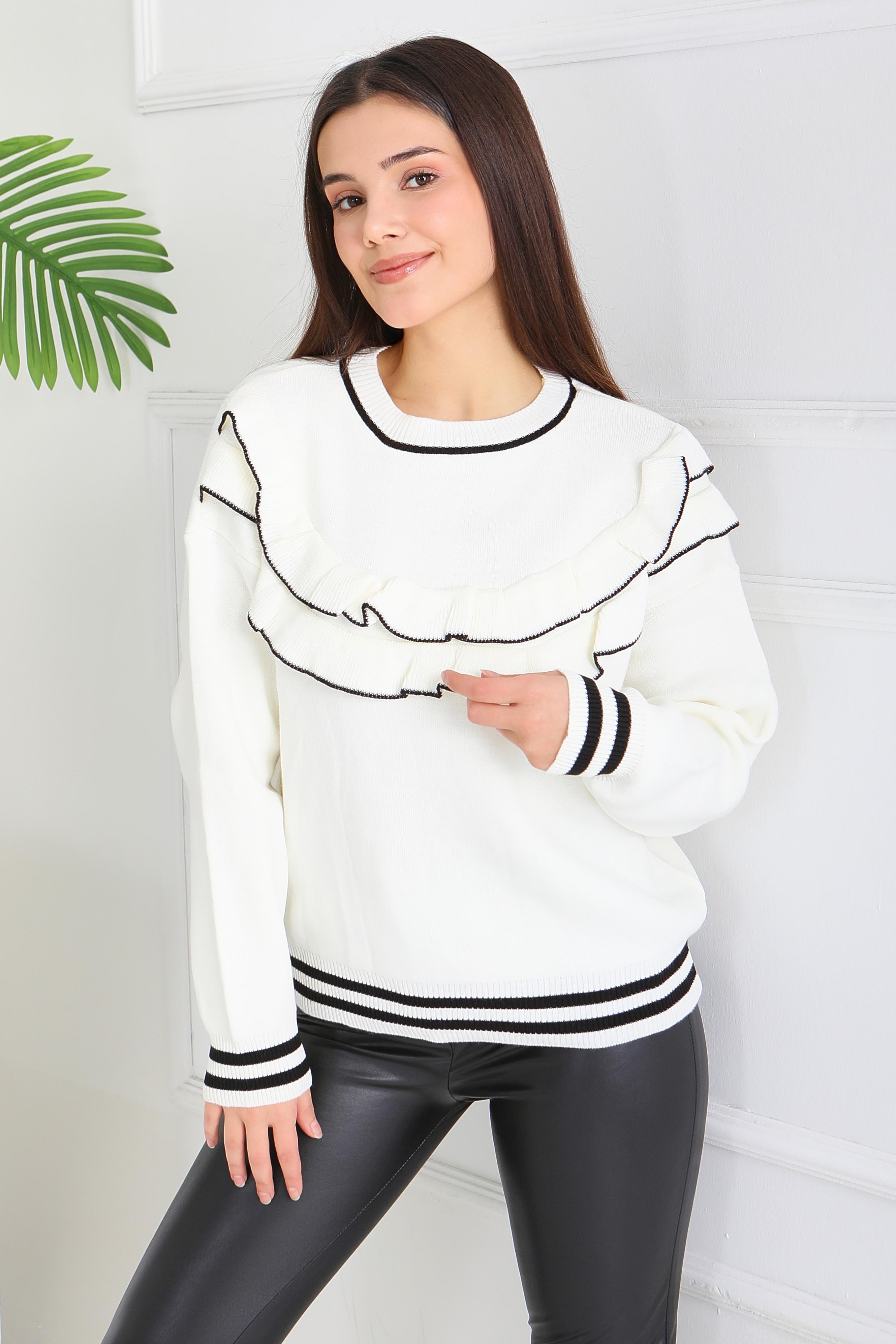 Fırfırlı Çizgili Triko Kazak - 28006-BEYAZ - 3