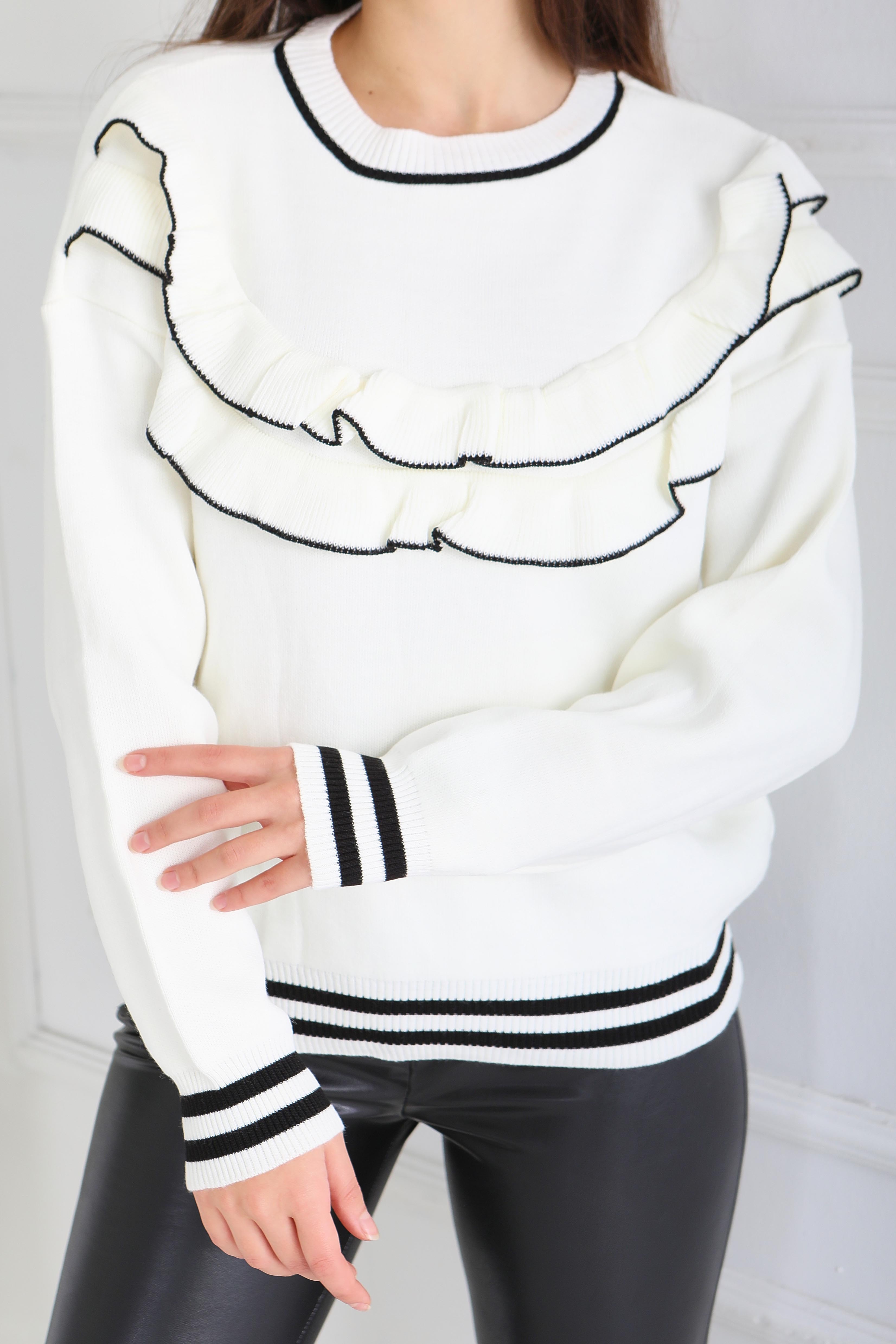 Fırfırlı Çizgili Triko Kazak - 28006-BEYAZ - 4