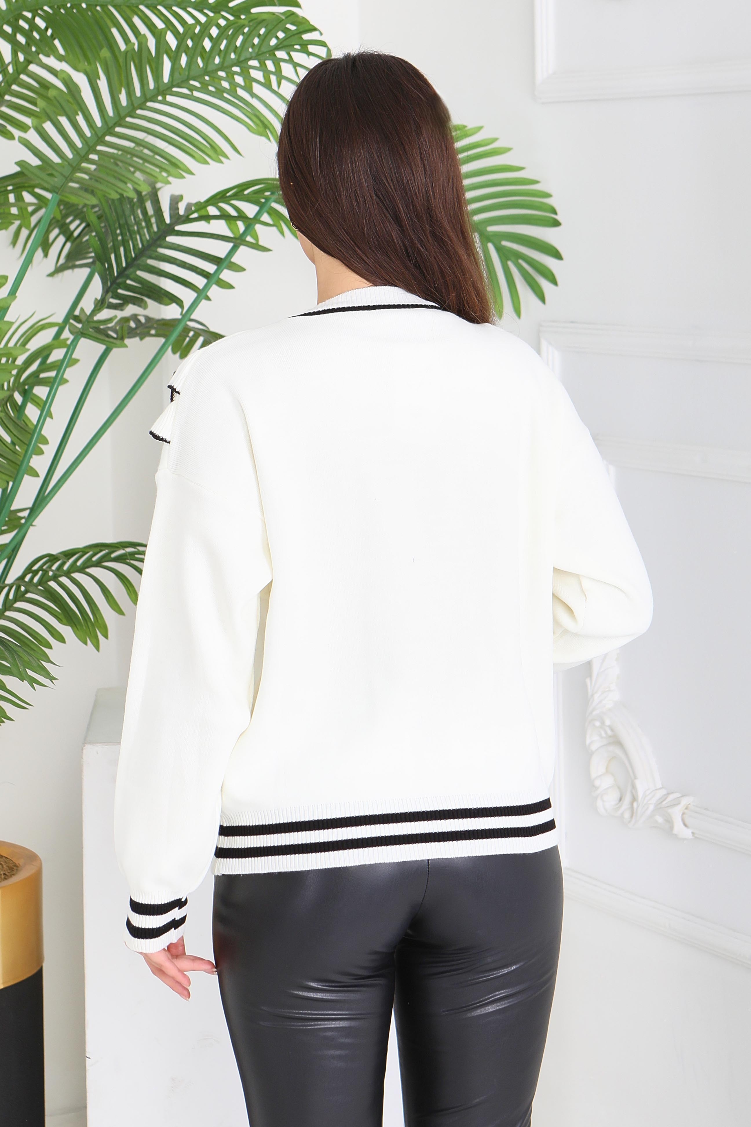 Fırfırlı Çizgili Triko Kazak - 28006-BEYAZ - 5