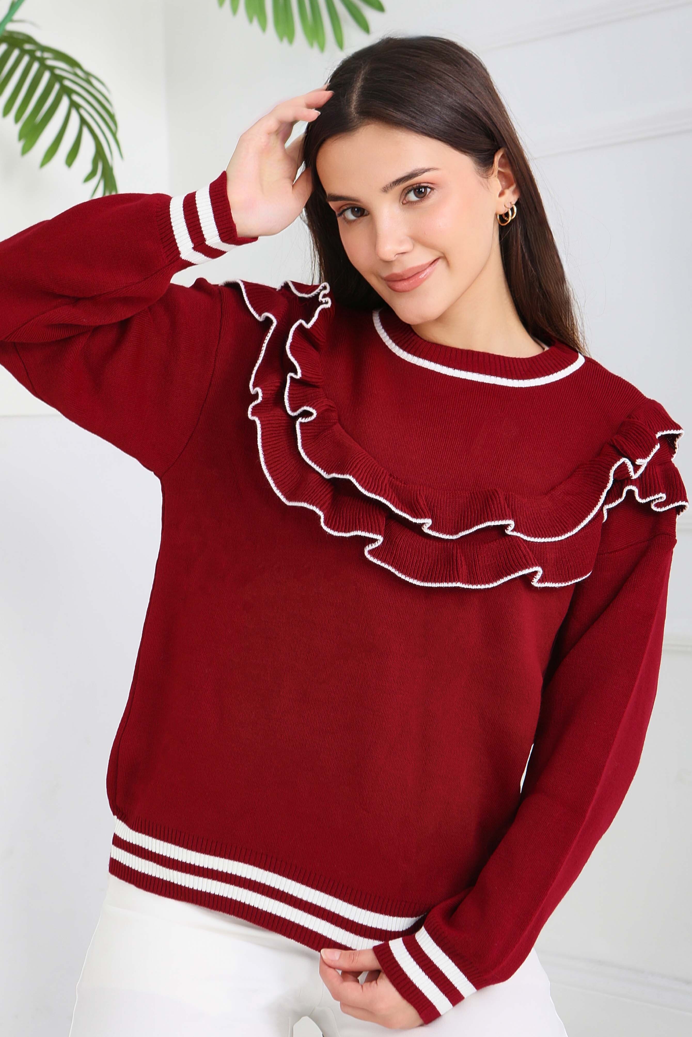 Fırfırlı Çizgili Triko Kazak - 28006-BORDO - 1