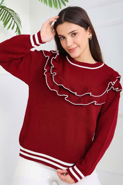 Fırfırlı Çizgili Triko Kazak - 28006-BORDO 
