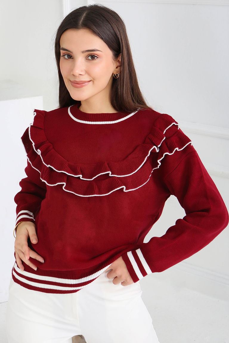 Fırfırlı Çizgili Triko Kazak - 28006-BORDO - TOFİSA