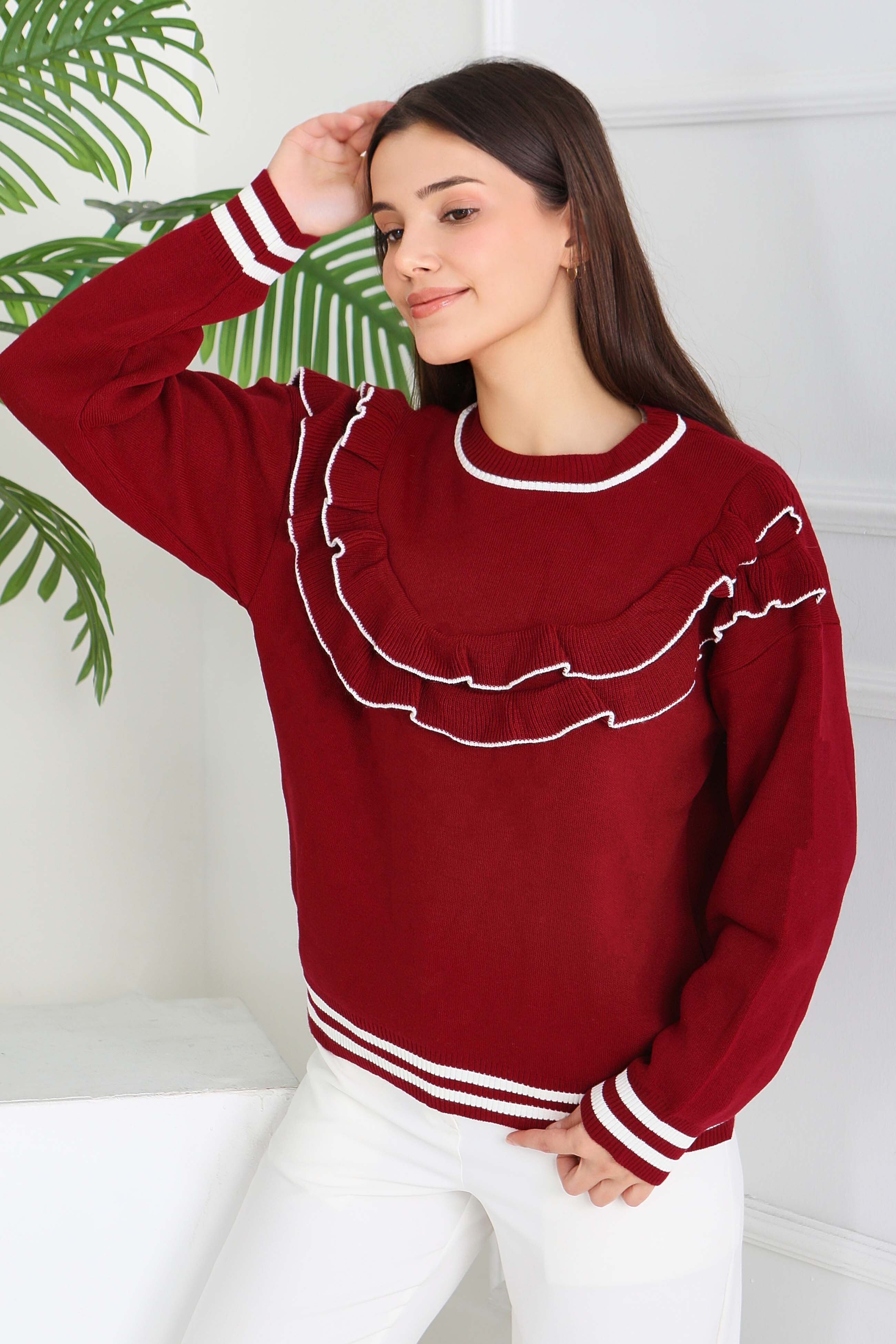 Fırfırlı Çizgili Triko Kazak - 28006-BORDO - 3