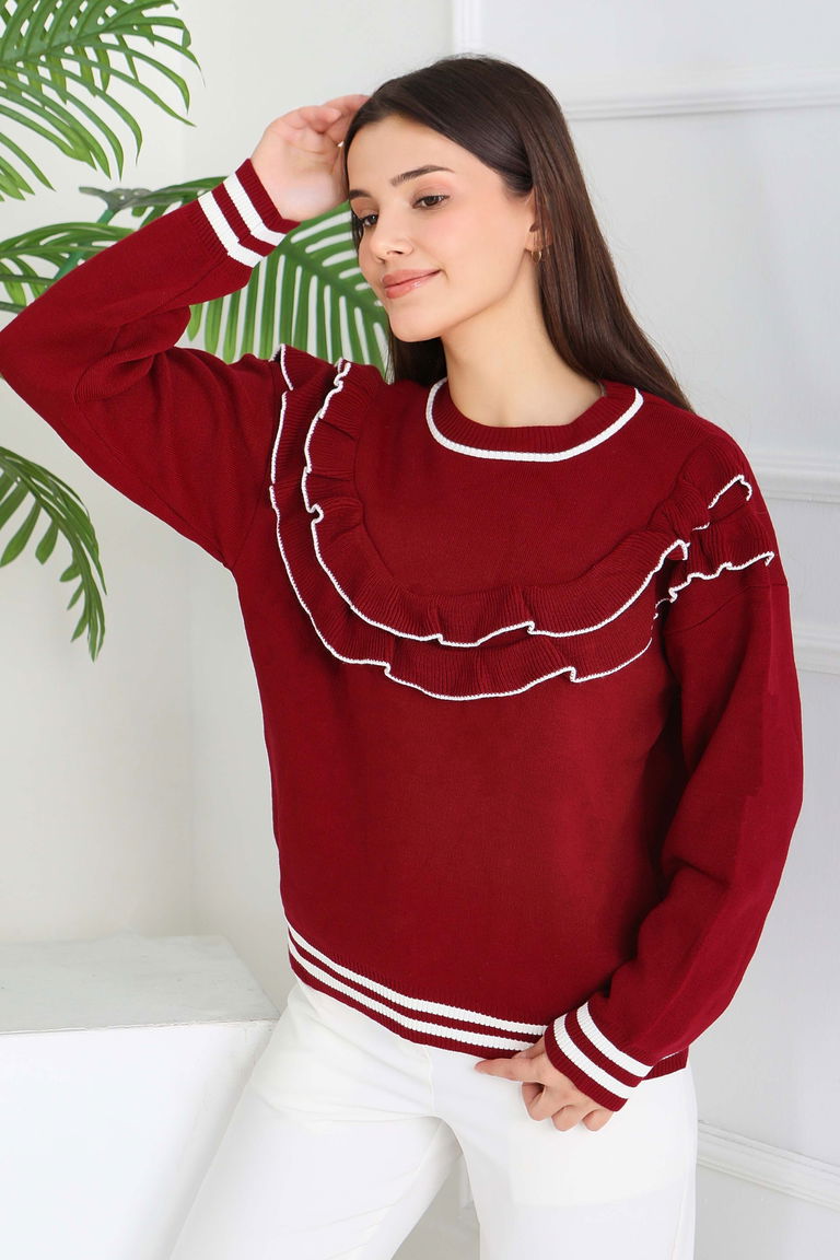 Fırfırlı Çizgili Triko Kazak - 28006-BORDO - TOFİSA
