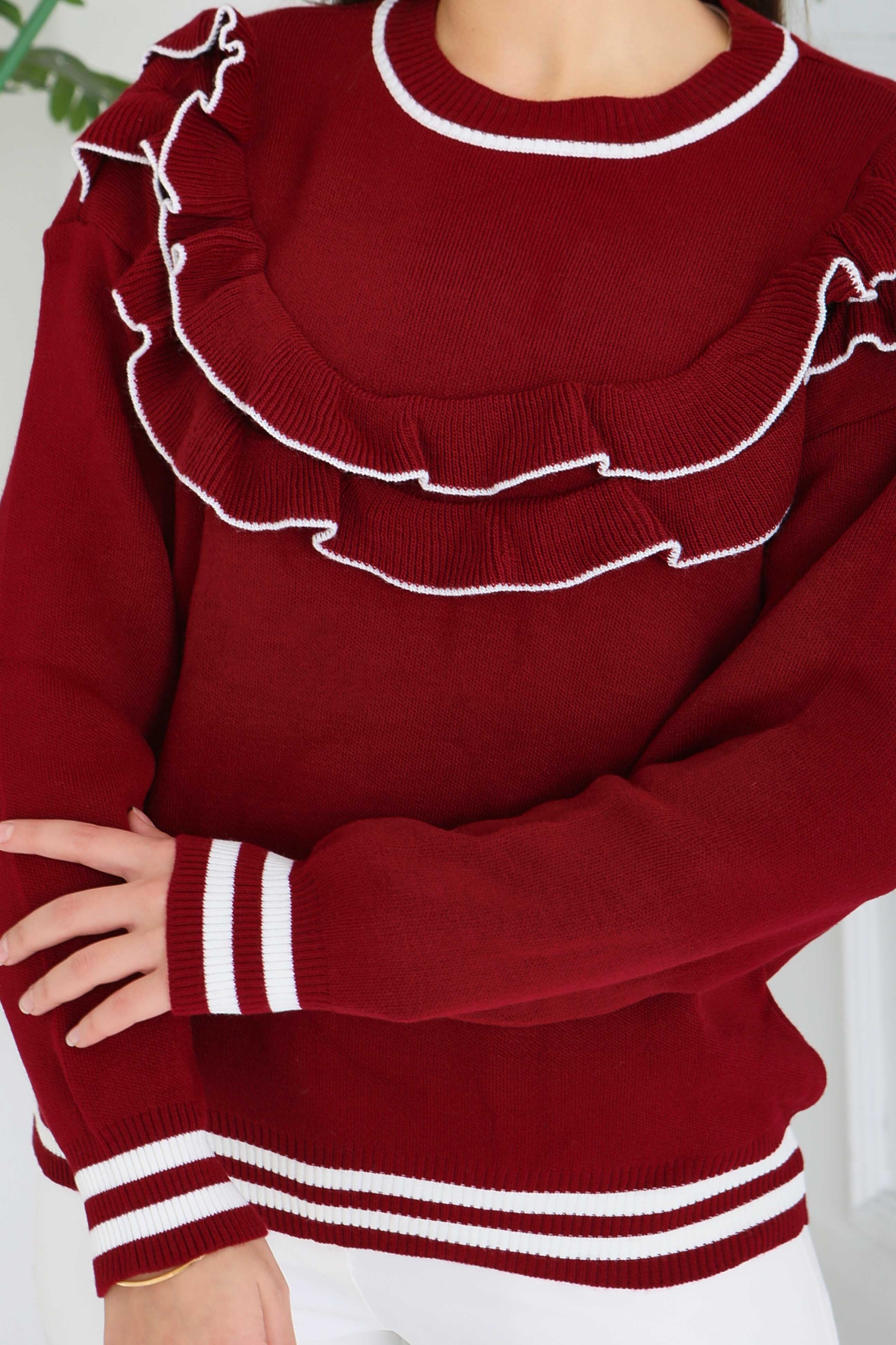 Fırfırlı Çizgili Triko Kazak - 28006-BORDO - 4