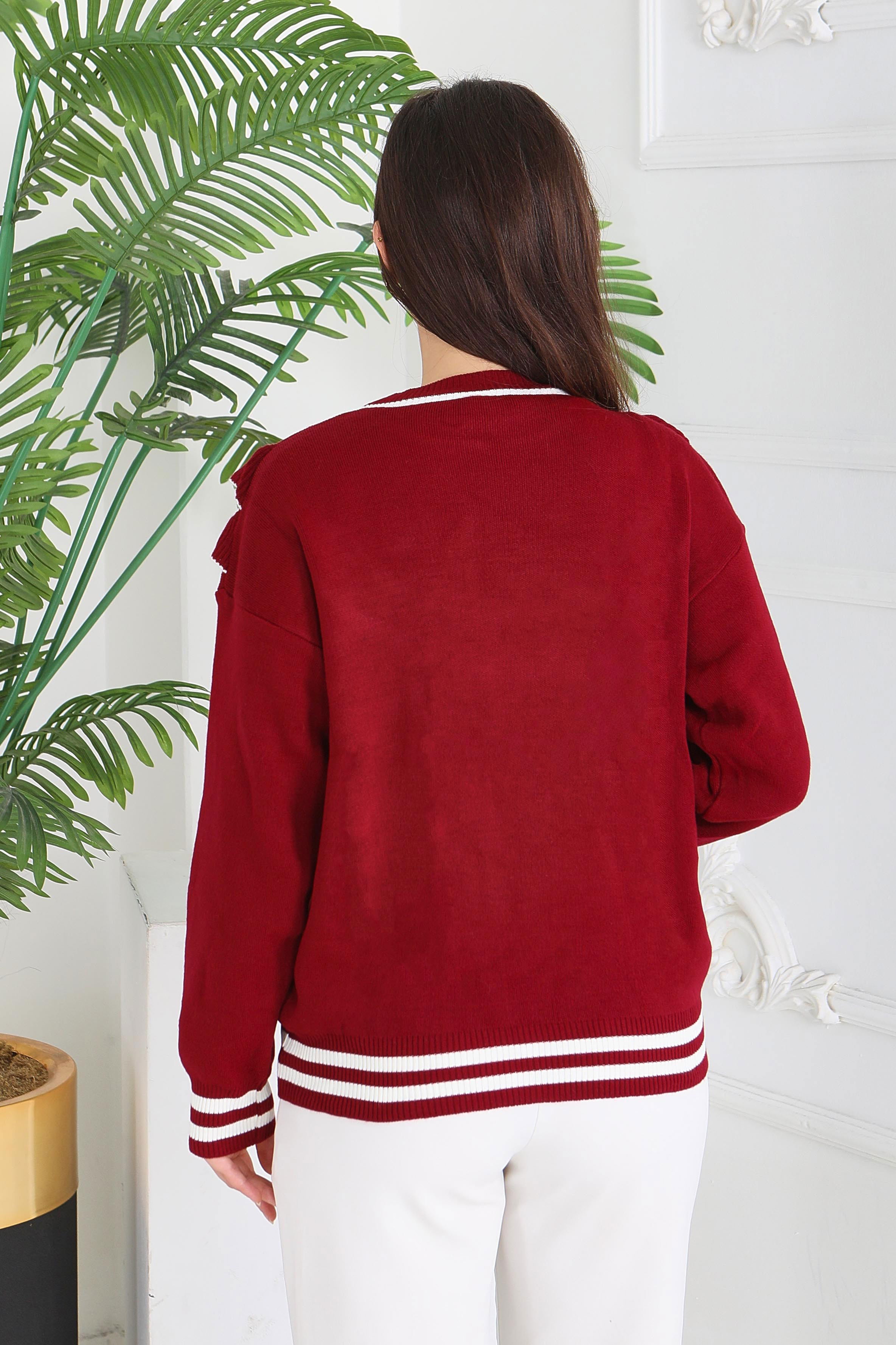 Fırfırlı Çizgili Triko Kazak - 28006-BORDO - 5