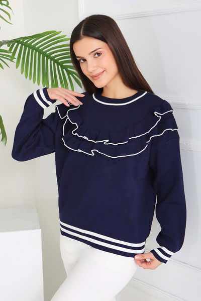 Fırfırlı Çizgili Triko Kazak - 28006-LACIVERT 