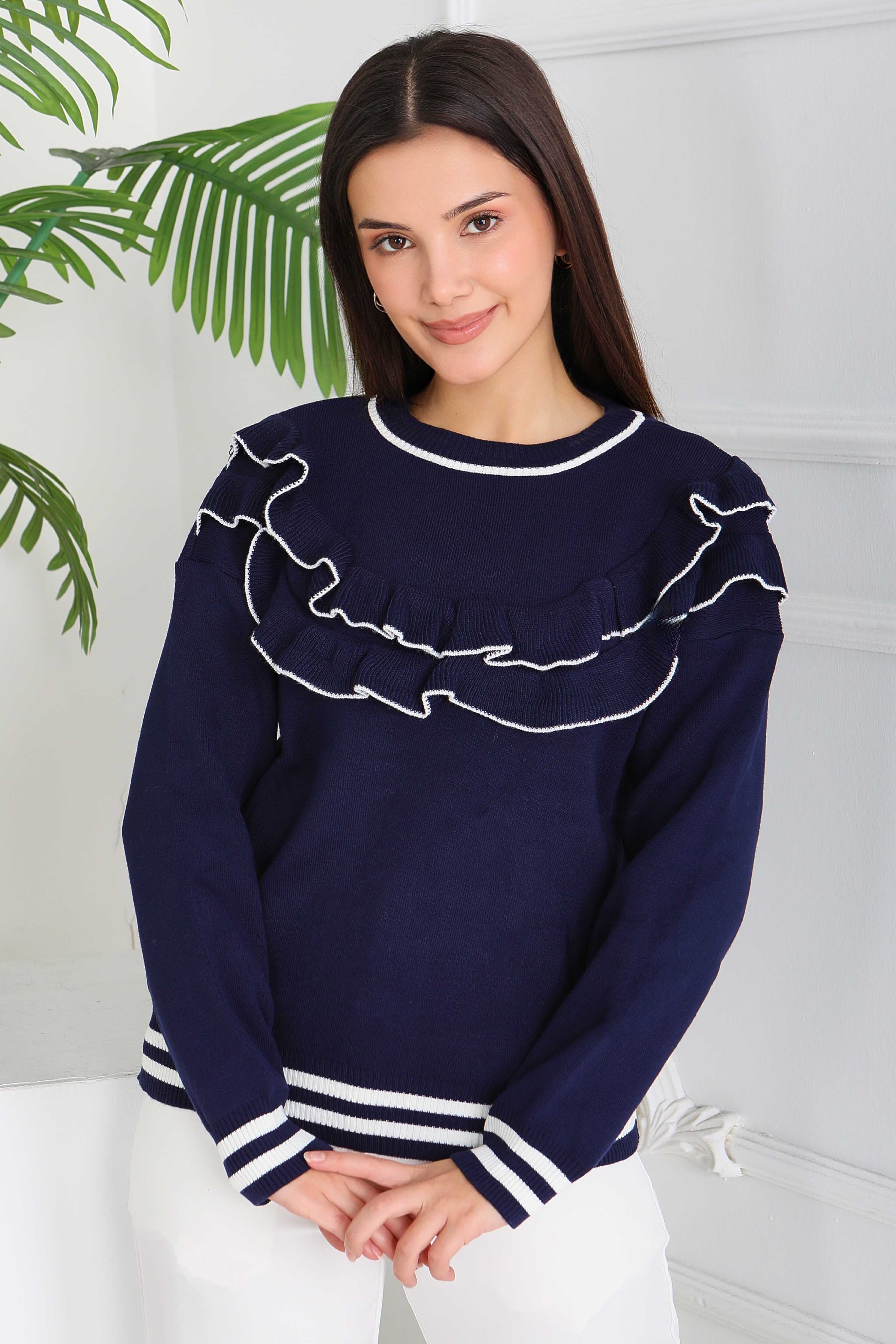 Fırfırlı Çizgili Triko Kazak - 28006-LACIVERT - 2
