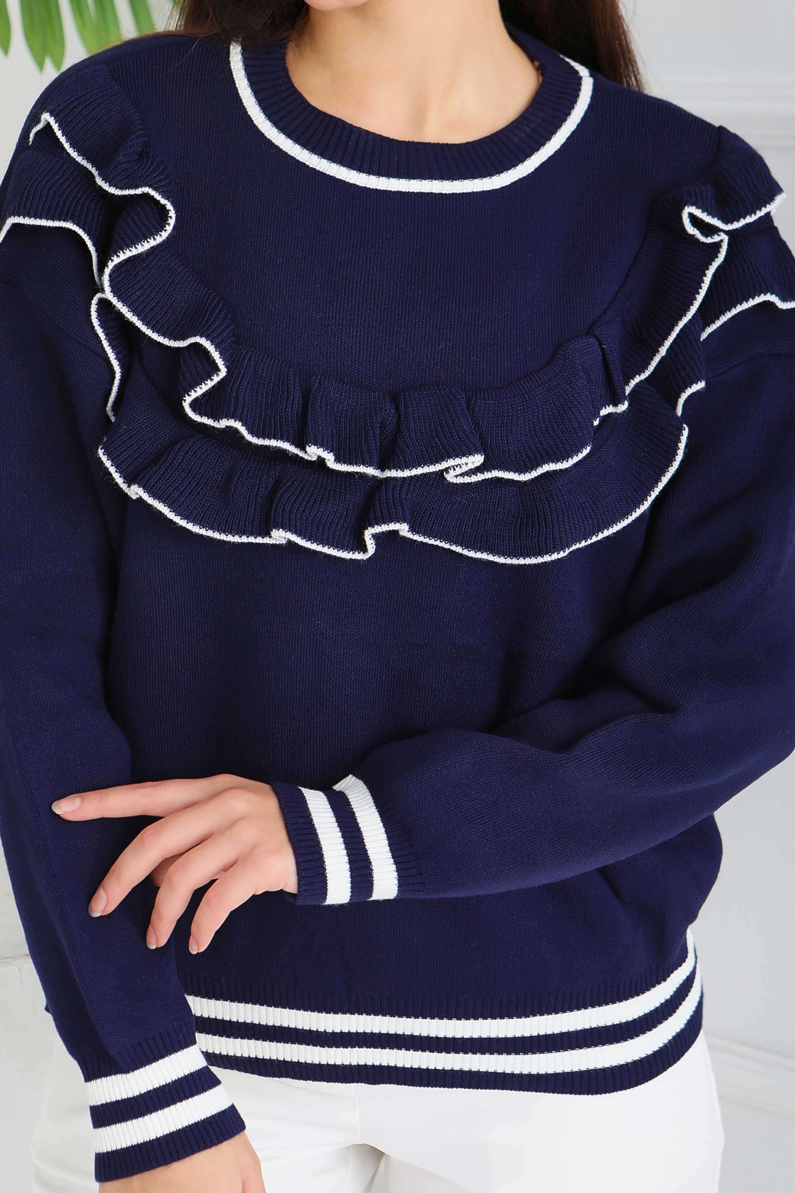 Fırfırlı Çizgili Triko Kazak - 28006-LACIVERT - 3