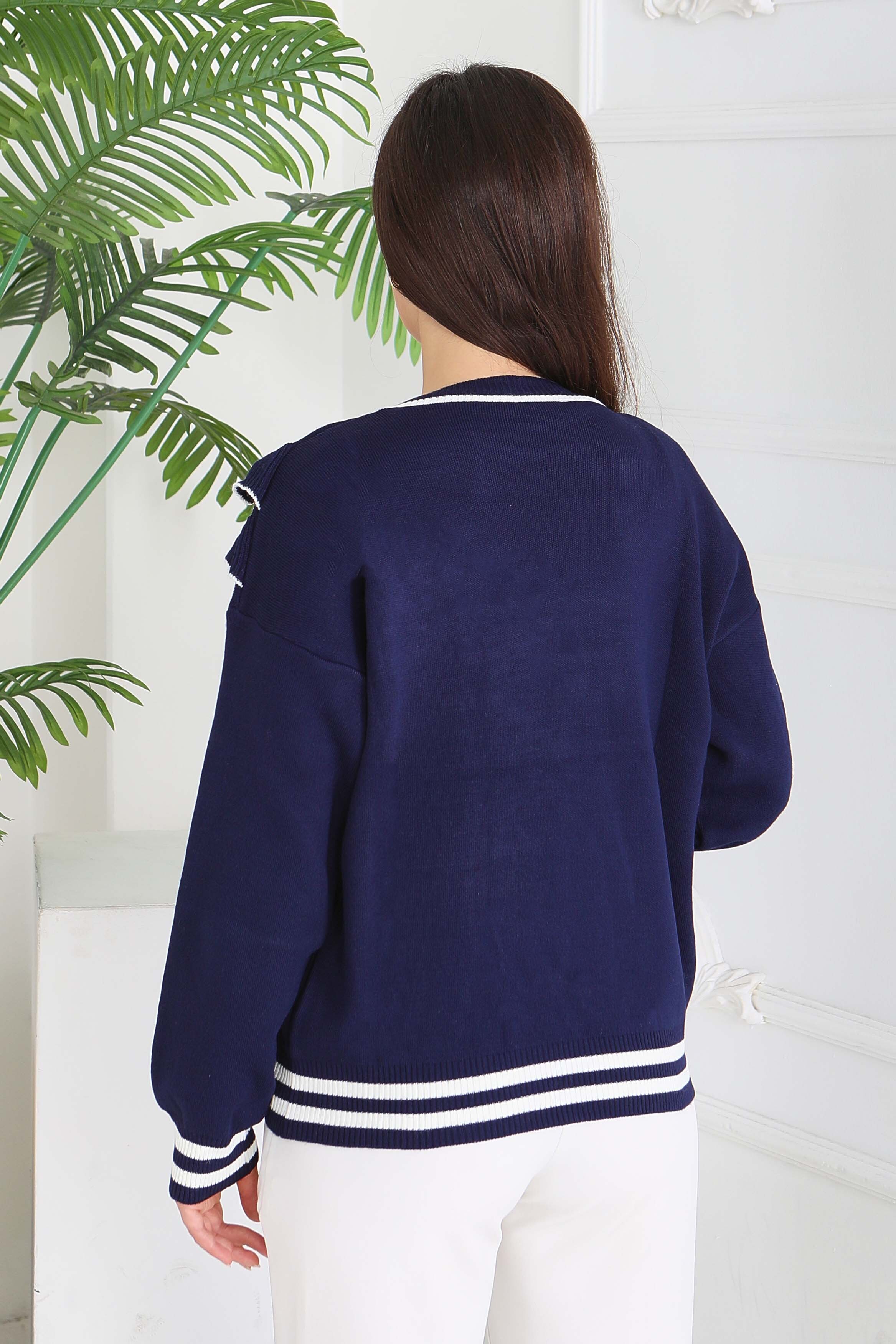 Fırfırlı Çizgili Triko Kazak - 28006-LACIVERT - 4