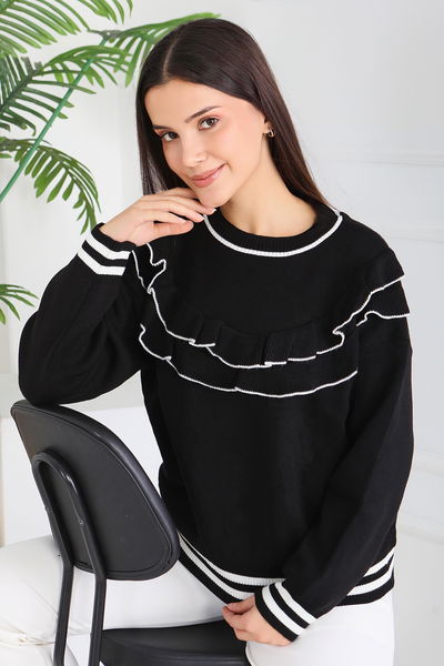 Fırfırlı Çizgili Triko Kazak - 28006-SIYAH 