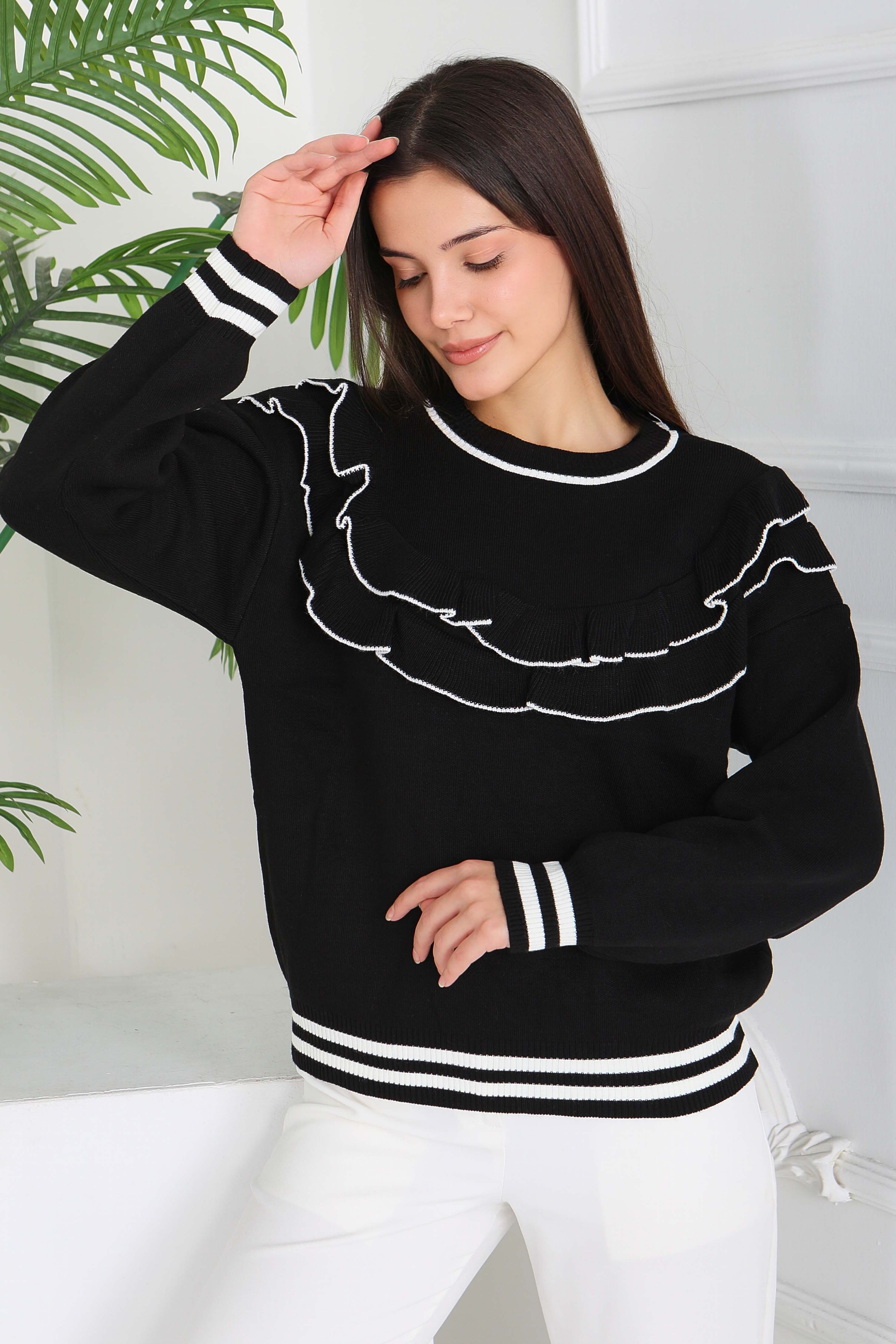 Fırfırlı Çizgili Triko Kazak - 28006-SIYAH - 2