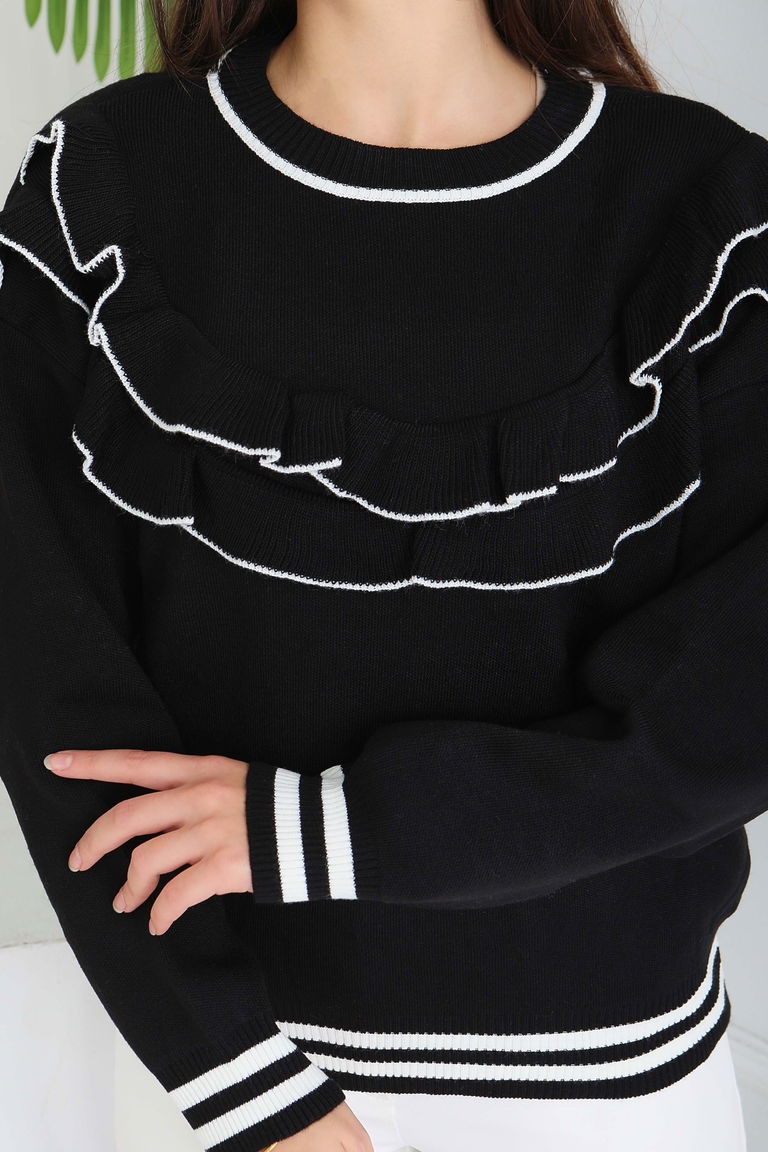 Fırfırlı Çizgili Triko Kazak - 28006-SIYAH - TOFİSA