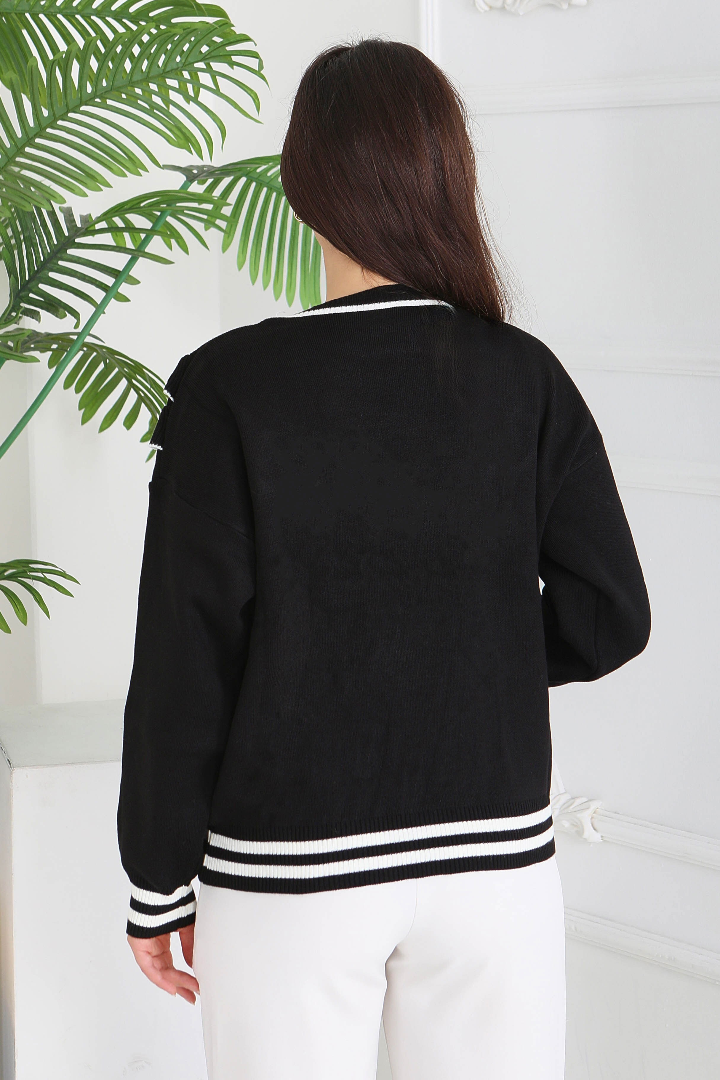 Fırfırlı Çizgili Triko Kazak - 28006-SIYAH - 5