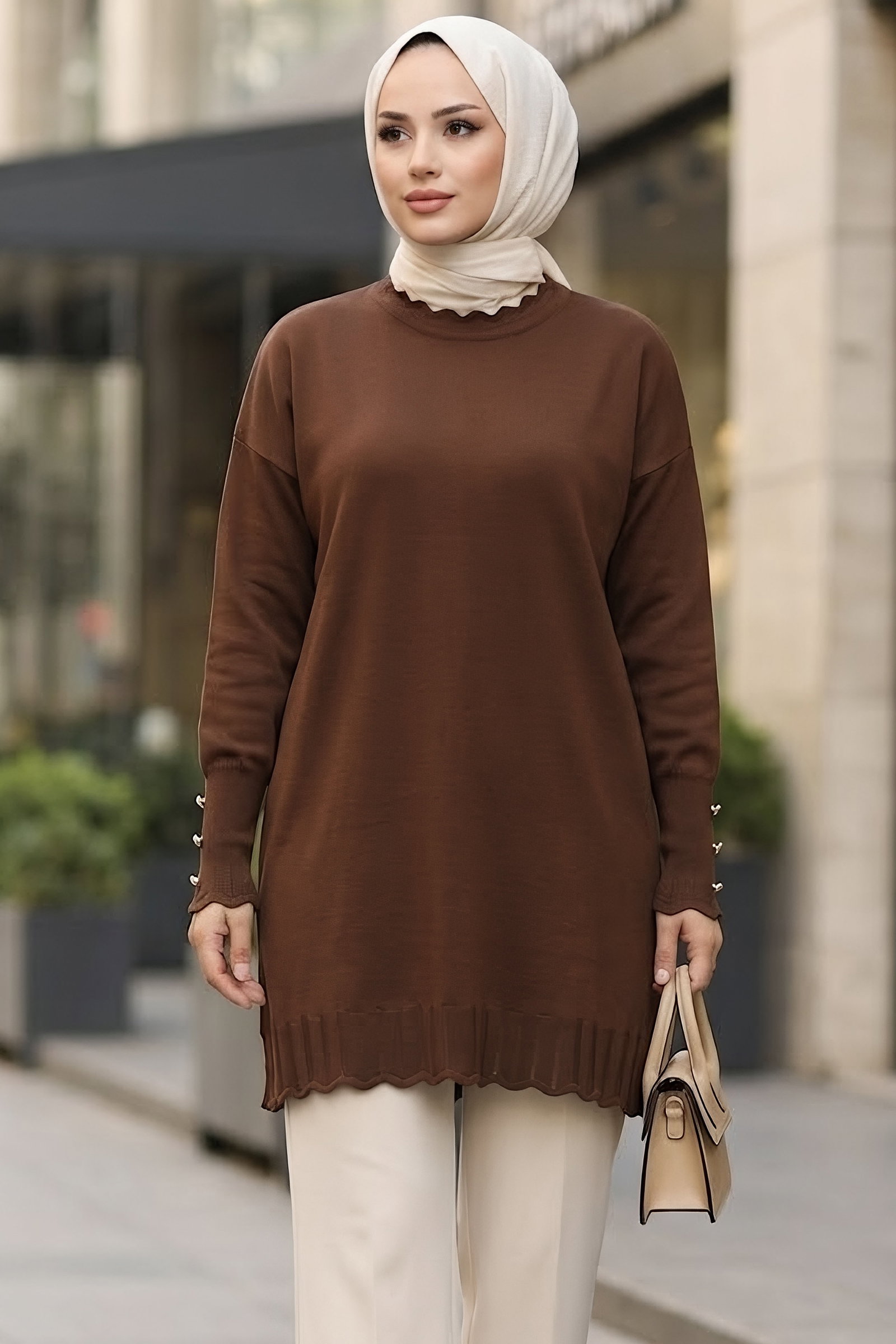 Fırfırlı Kolları Düğmeli Triko Tunik Kahve - 29235-KAHVE - 1