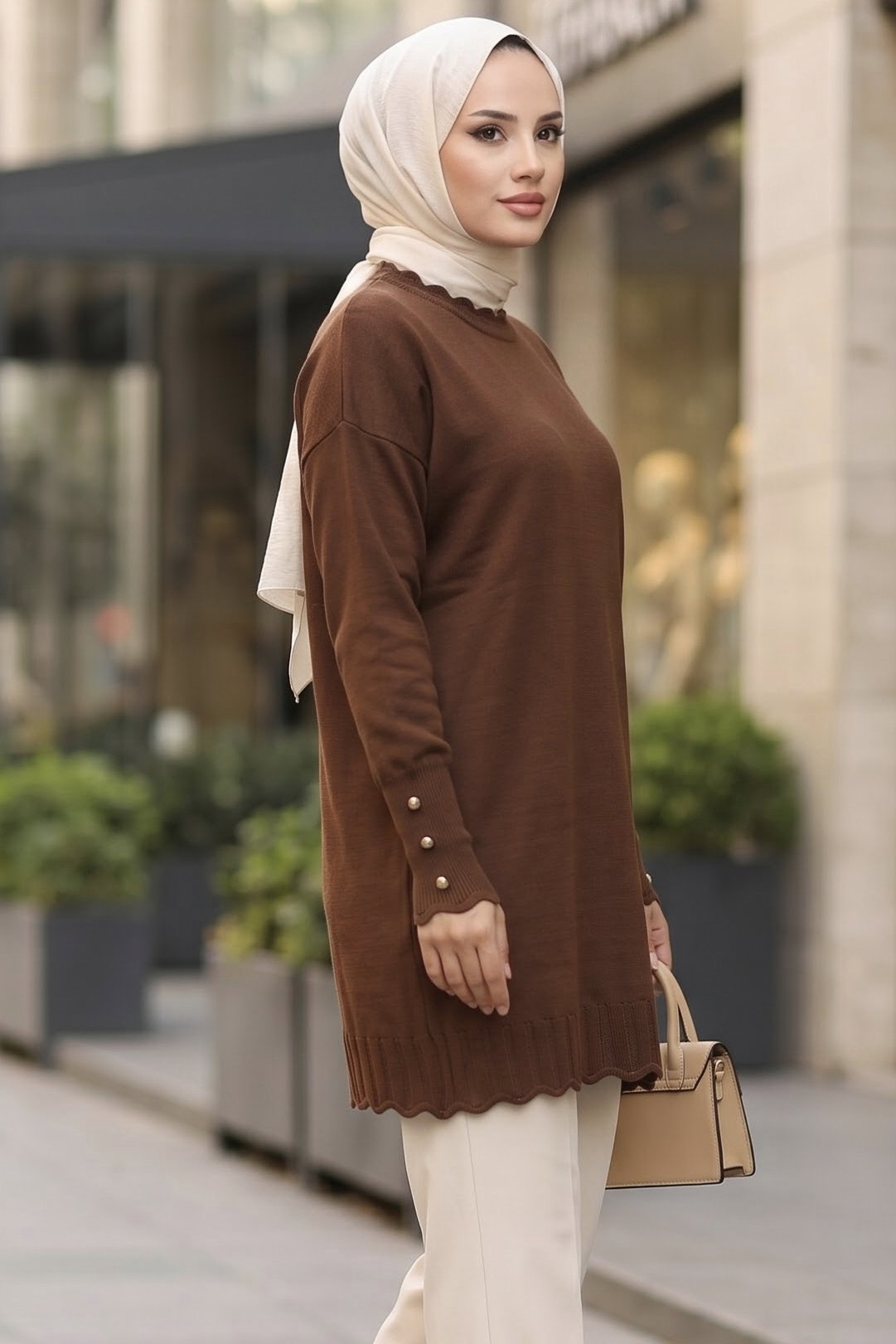 Fırfırlı Kolları Düğmeli Triko Tunik Kahve - 29235-KAHVE - 2