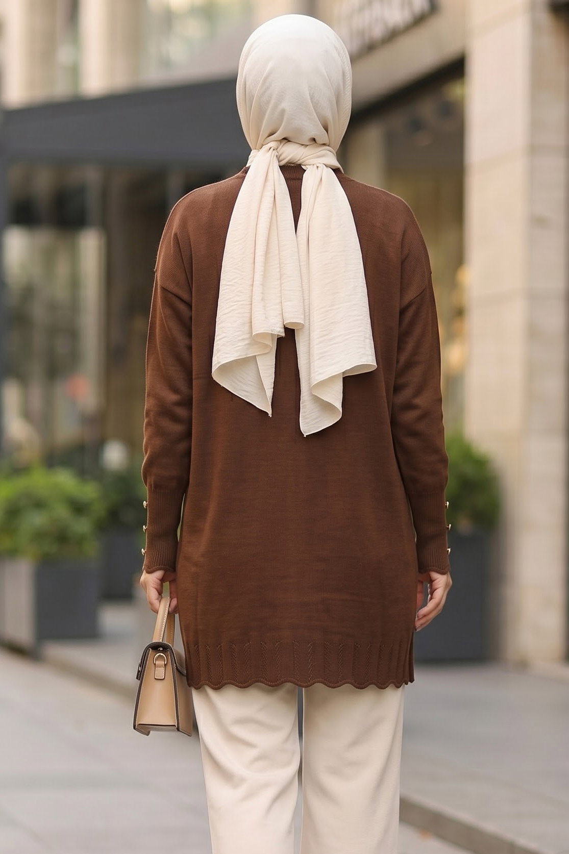 Fırfırlı Kolları Düğmeli Triko Tunik Kahve - 29235-KAHVE - 3