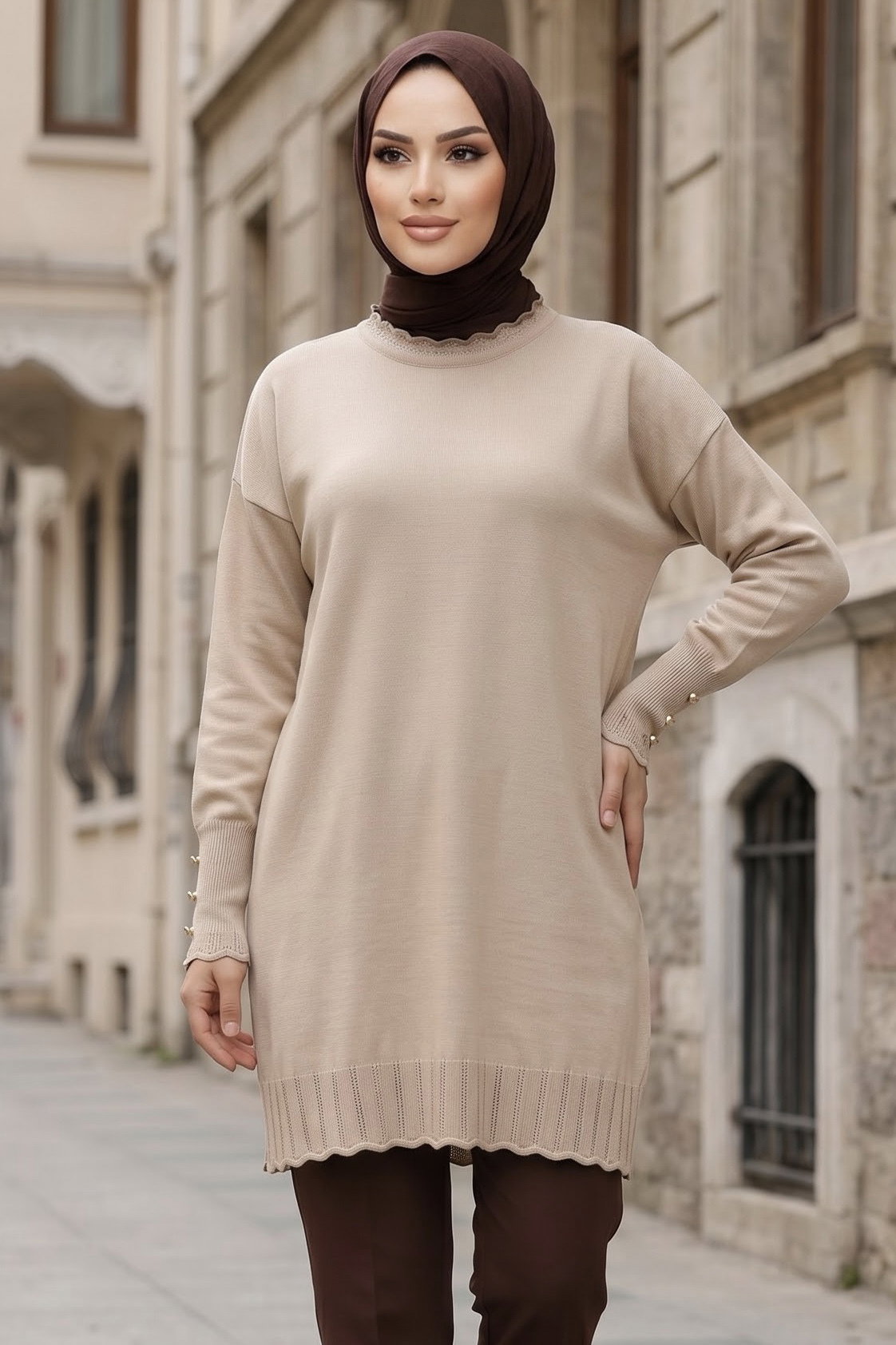 Fırfırlı Kolları Düğmeli Triko Tunik Tas - 29235-TAS - 1