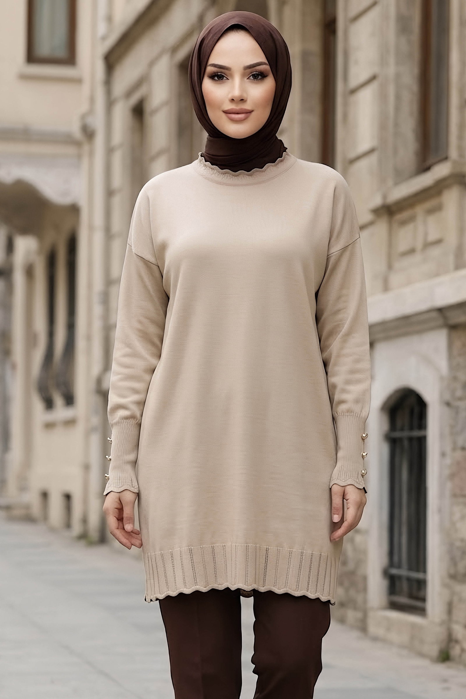 Fırfırlı Kolları Düğmeli Triko Tunik Tas - 29235-TAS - 2