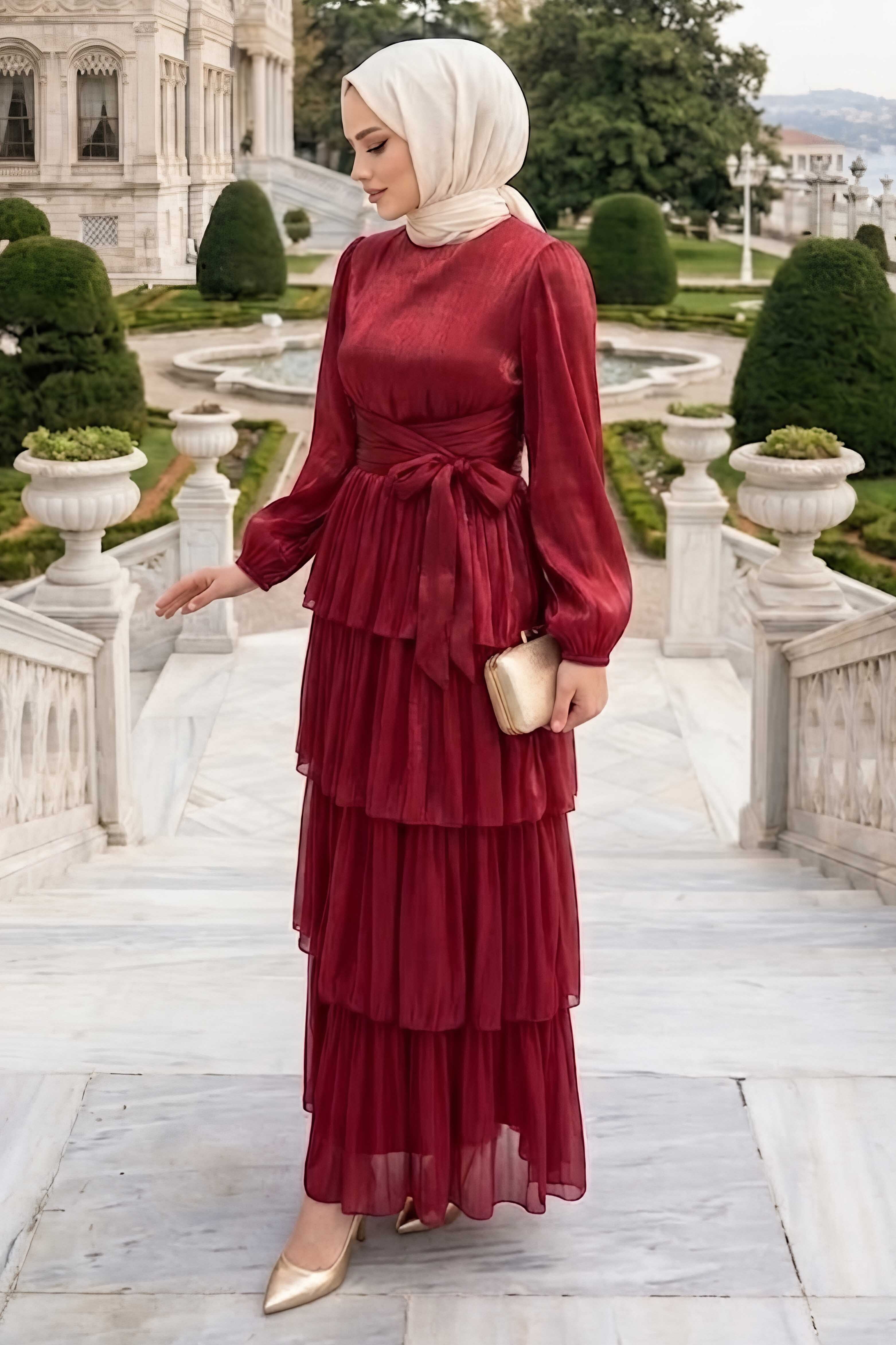 Fırfırlı Saten Abiye Elbise Bordo - 28518-BORDO - 2
