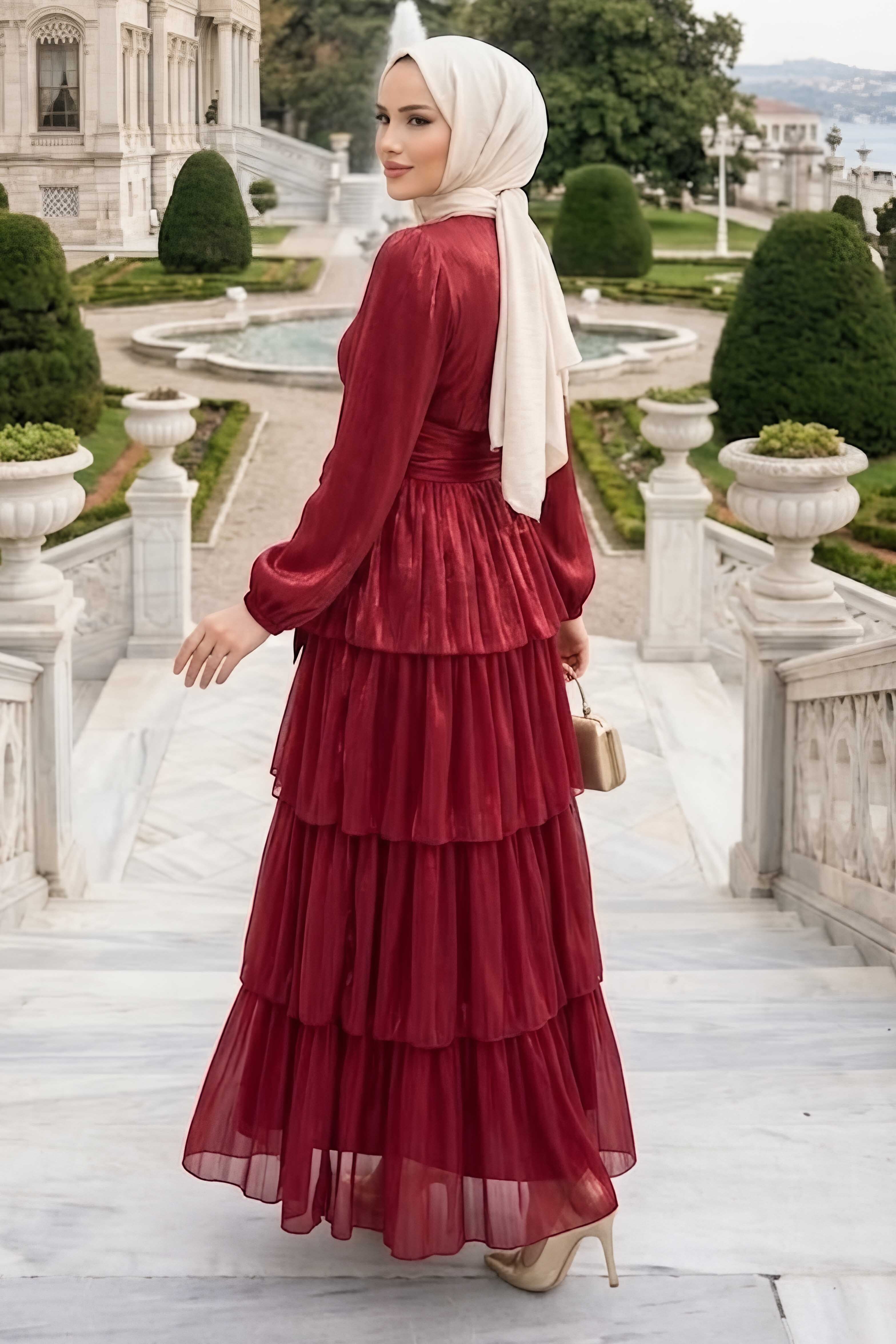 Fırfırlı Saten Abiye Elbise Bordo - 28518-BORDO - 3
