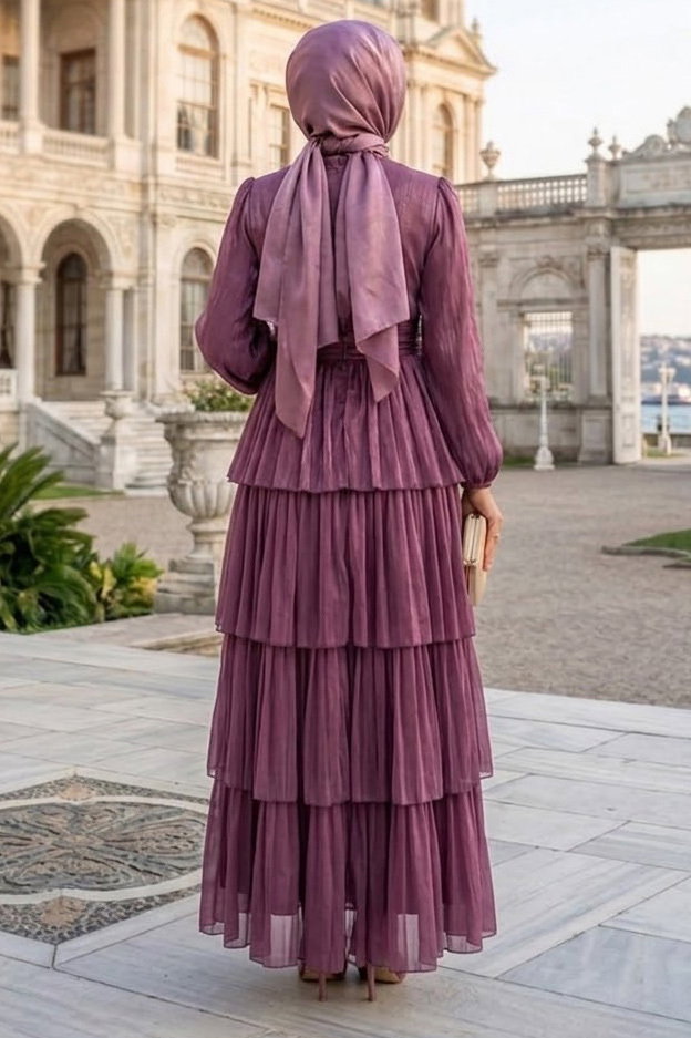 Fırfırlı Saten Abiye Elbise Mor - 28518-MOR - 3